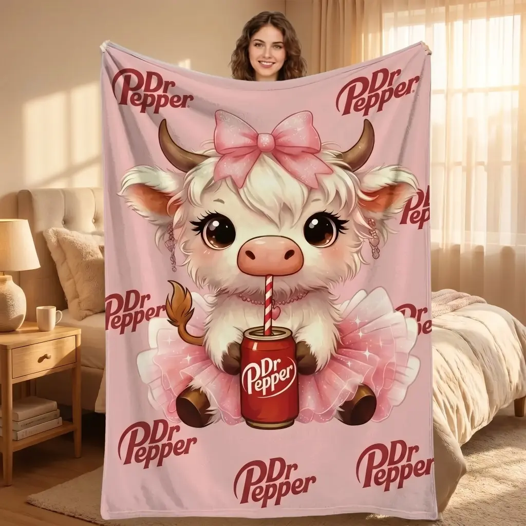 Cute Highland Cow Dr Pepper Pink Flannel Blanket Big Bow Soda Can Print Soft Plush Throw for Sofa Bedroom Decor Gift