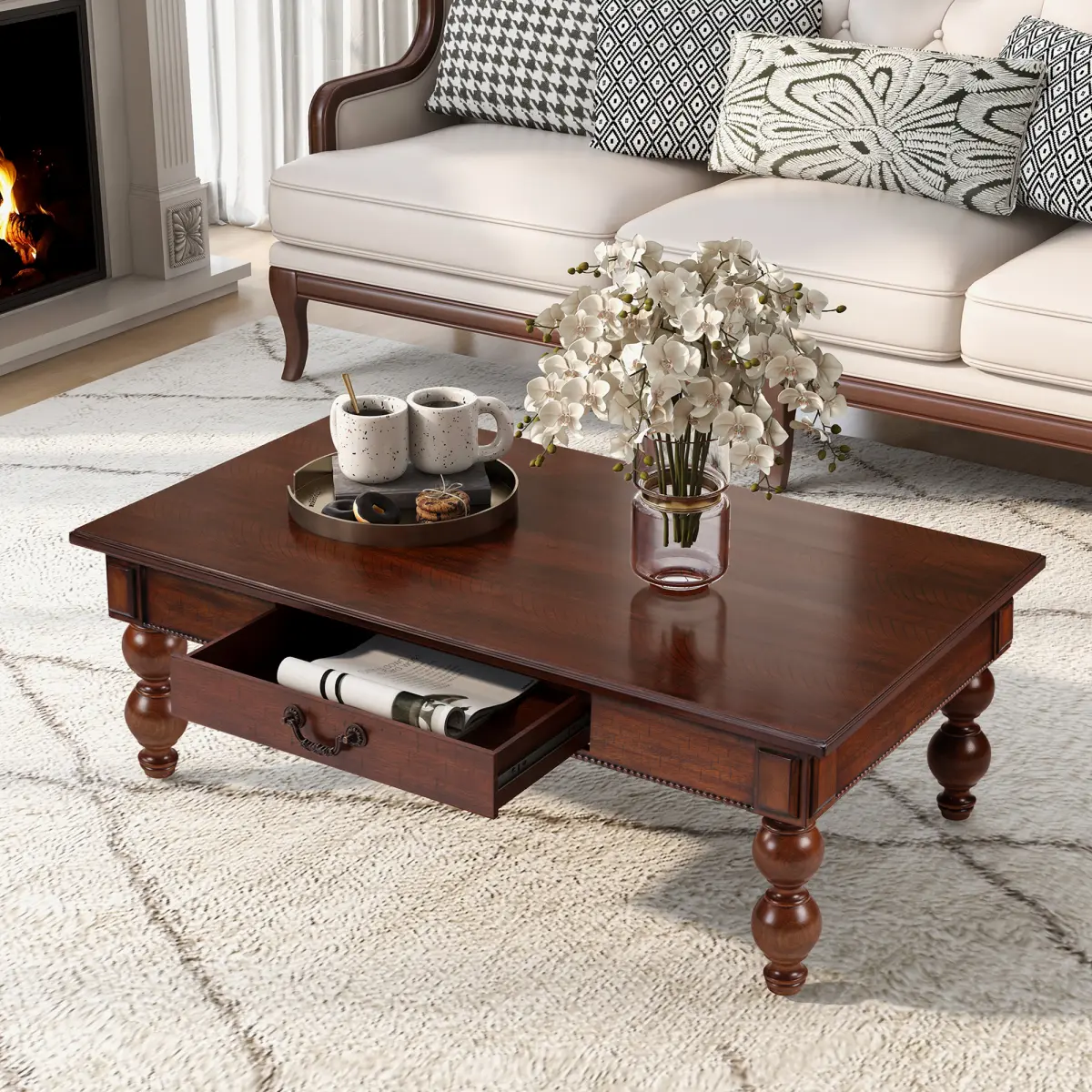Rectangular Wooden Coffee Table with Storage Drawer, Vintage Cocktail Table with Solid Wood Gourd-Shaped Legs for Living Room,No-Tools Assembly (Walnut)