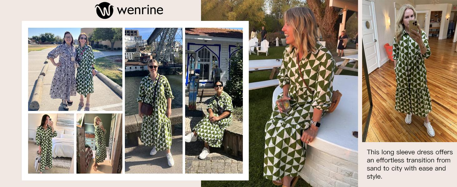 FMEYOA Womens Summer Boho Midi Dress Long Sleeve Casual Color Block Floral Beach Button Down Shirt Dress