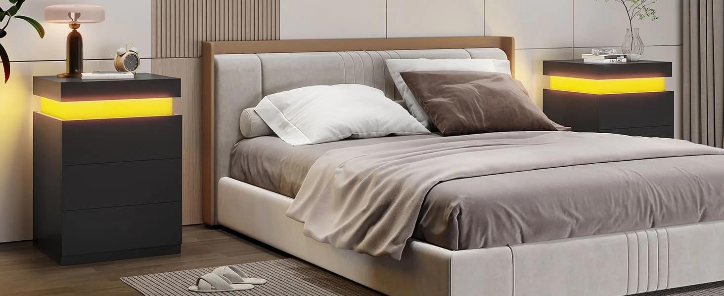 Sikaic 2PCS Nightstand with LED Lights Charging Station Black Modern Bedside Table