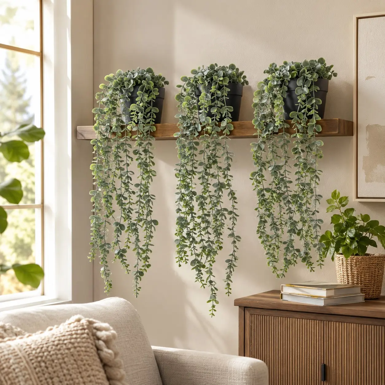 Artificial Hanging Plants 3 Pack Frosted Gray Green Faux Potted Greenery Eucalyptus Vine Trailing Leaves Wall Shelf Bathroom Bedroom Office Living Room Kitchen Boho Home Decor Apartment Dorm Indoor Outdoor Vase Birthday Decoration Vintage Gift DIY