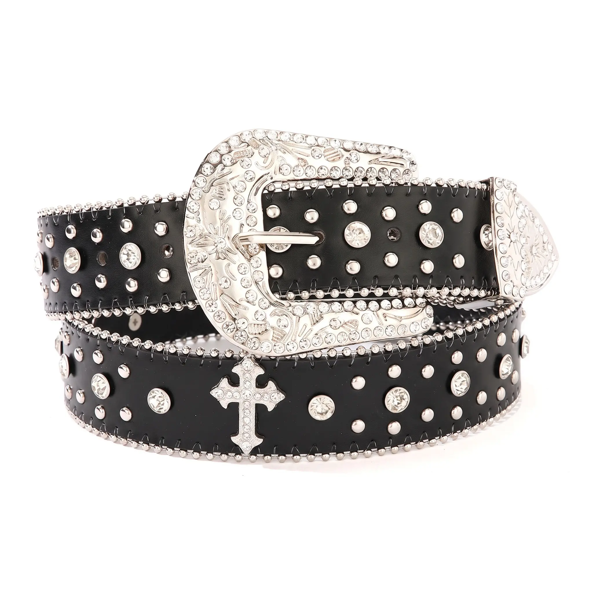 Sparkly Rhinestone Decorated Y2K PU Leather Belt, Handmade Design With Black Beads And Practical Pin Buckle, 2.4cm Normal Width, Size Options Of 105cm,115cm,125cm, Stylish Waist Accessory Perfect For Daily Wear, Urban Street Style And Aesthetic Clothing C