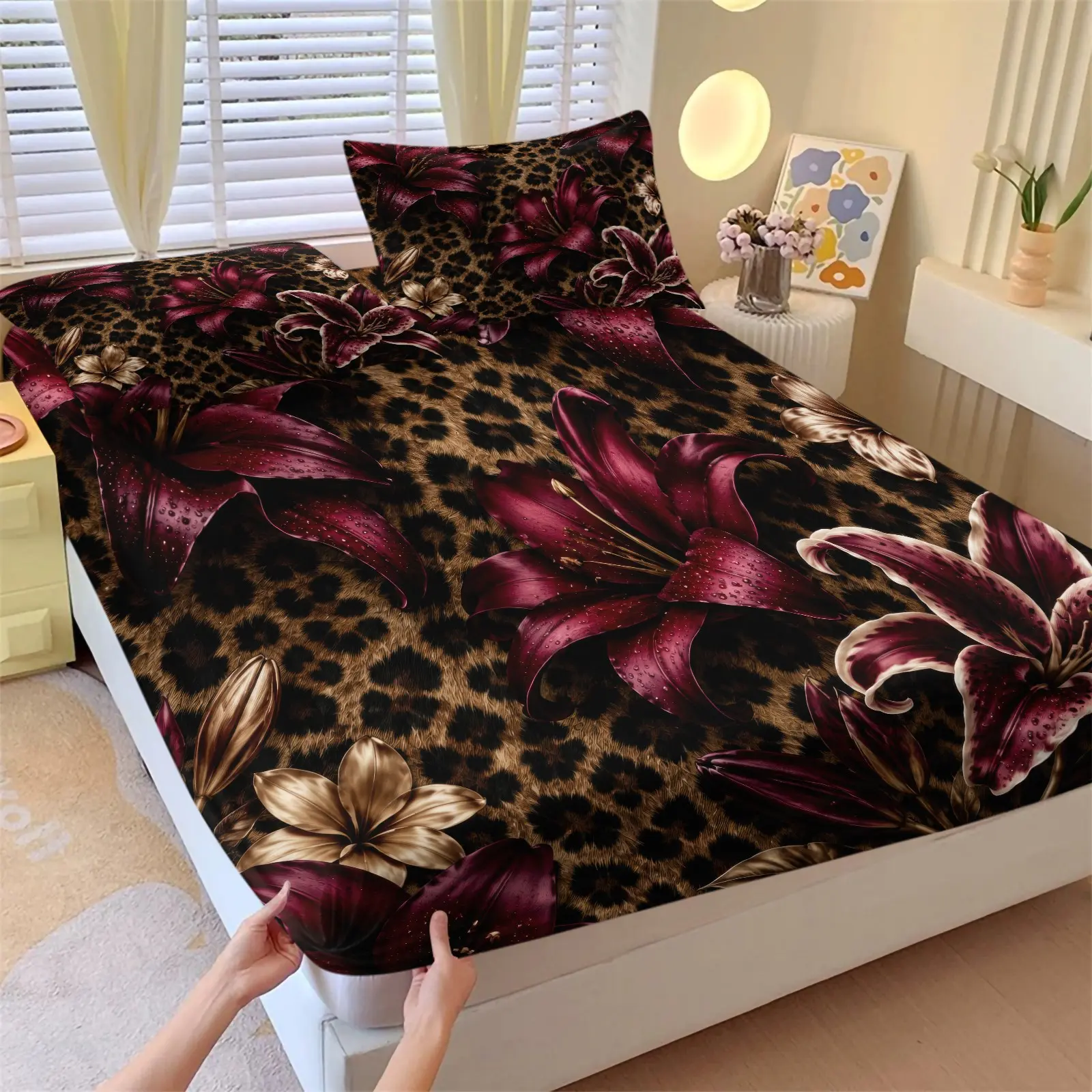 3PCS Dark Burgundy Lily Floral Print Fitted Sheet Set (1 Fitted Sheet + 2 Pillowcases), HD Digital Print, Non‑Slip Deep Pocket, Machine Washable, Low Allergenic, Elastic Microfiber Bedding, All‑Season Gothic Floral Bedroom Decor