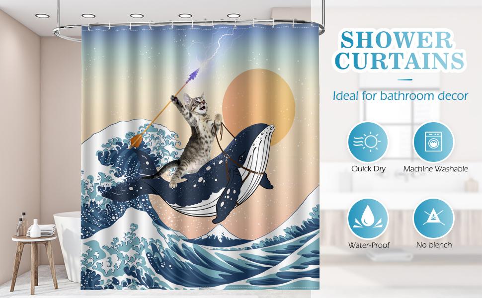 Funny Shower Curtain Brave Cat Holding Trident Arrow Riding Shark in Ocean Wave, Whale Cat Shower Curtain Set with 12 Hooks for Bathroom Decor Accessories Bathtub Curtain, 72"x72" Funny Shower Curtain Brave Cat Holding Trident Arrow Riding Shark in Ocean Wave, Whale Cat Shower Curtain Set with 12 Hooks for Bathroom Decor Accessories Bathtub Curtain, 72"x72"