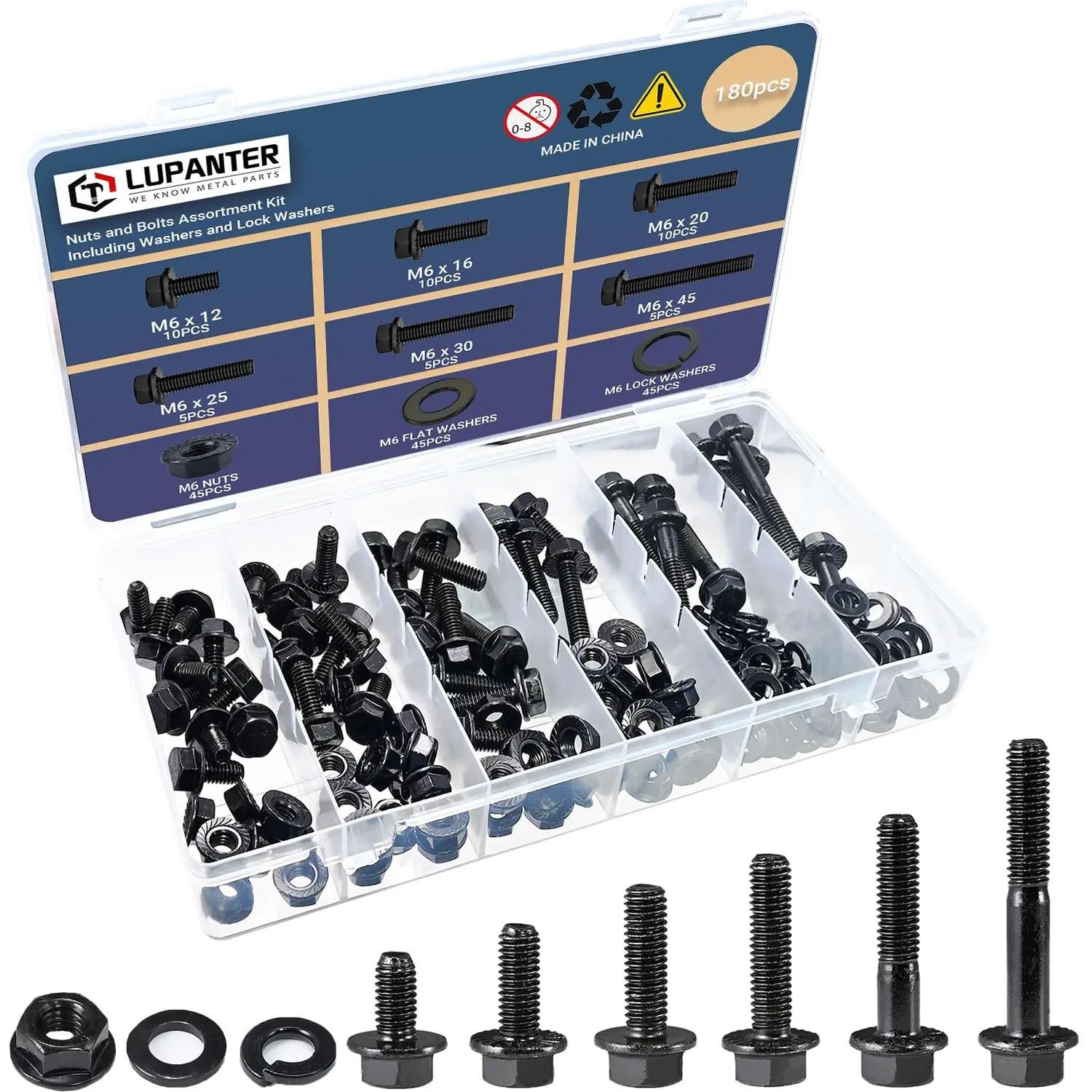 M6 Metric Flange Bolt Assorted Kit - 180Pcs, M6x1.0 Thread, 12mm-45mm Length Hex Bolts with Nuts Washers, 10.9 Grade Zinc Plated for Automotive Use