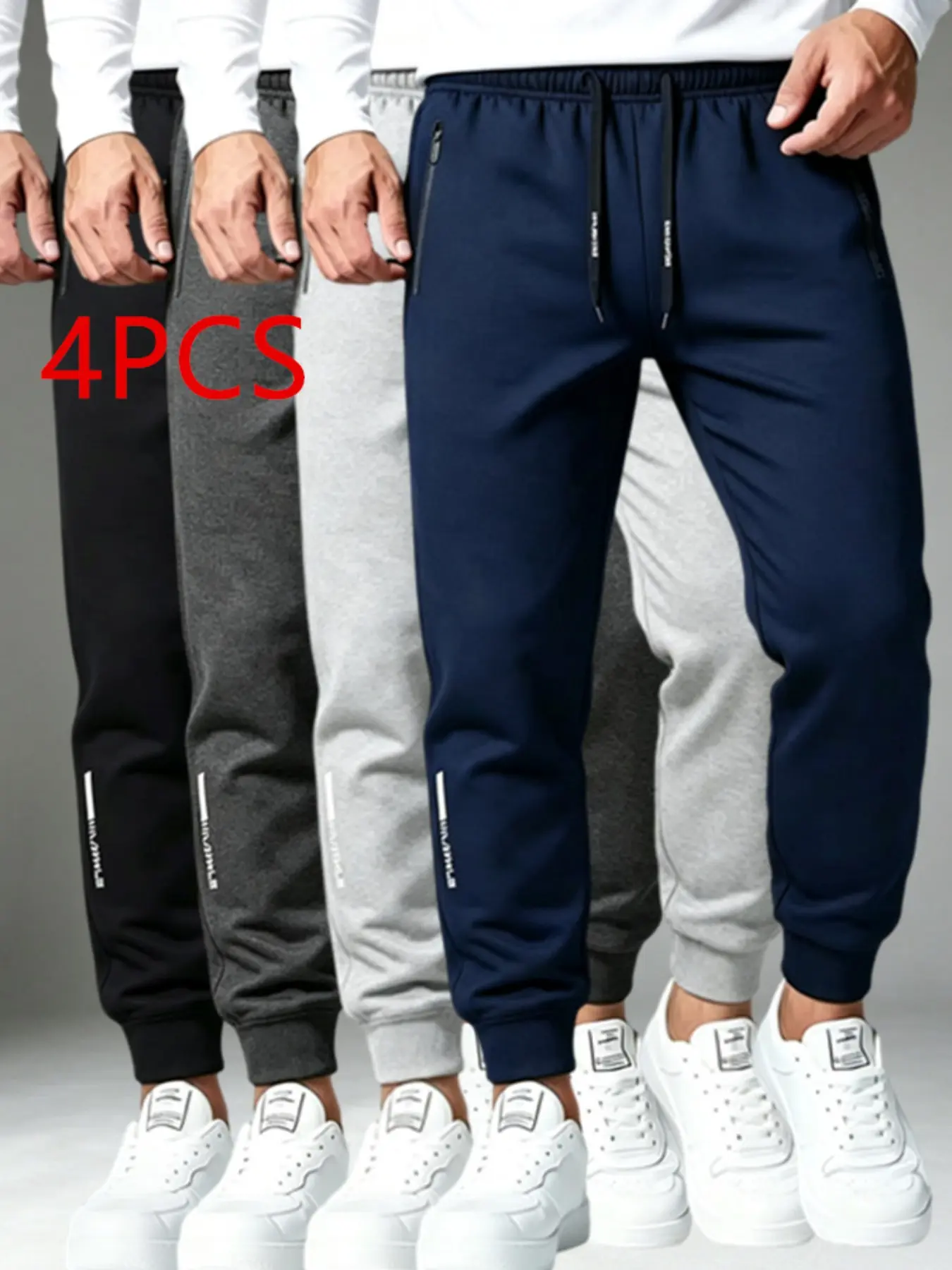 Men's Elastic Drawstring Jogger Pants, Reflective Print Design, Zip Pockets, Casual Gym Wear, All-Season Fitted Sweatpants