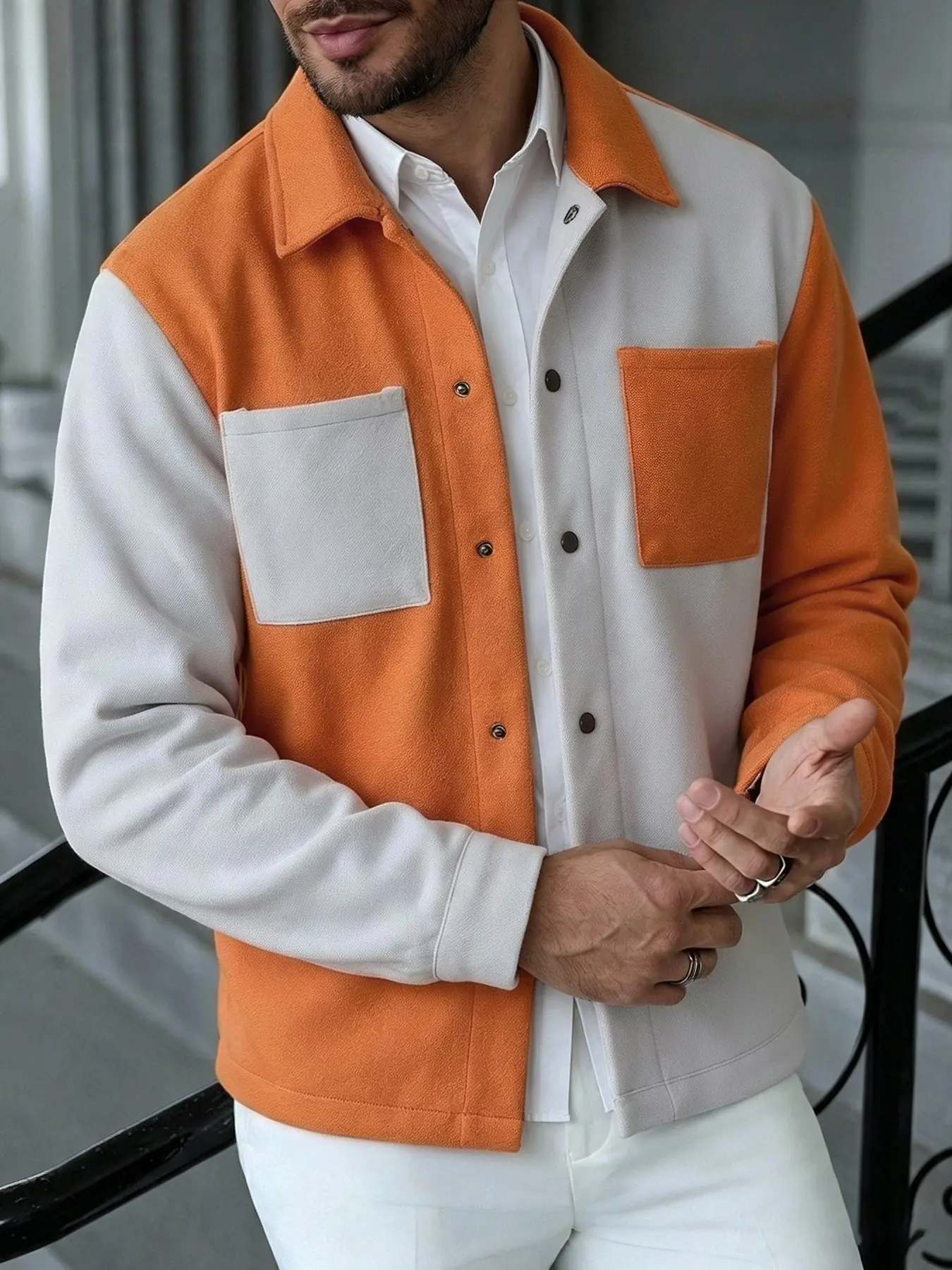 Men's Fall Winter Orange White Color Block Button Down Shirt Jacket, Lapel Collar Long Sleeve Patch Pocket Shacket, Soft Relax Fit Color Spliced Casual Overshirt for Daily Commute, Streetwear, Walking, Shopping Errands, Casual Hangout, Weekend Outing, Lig