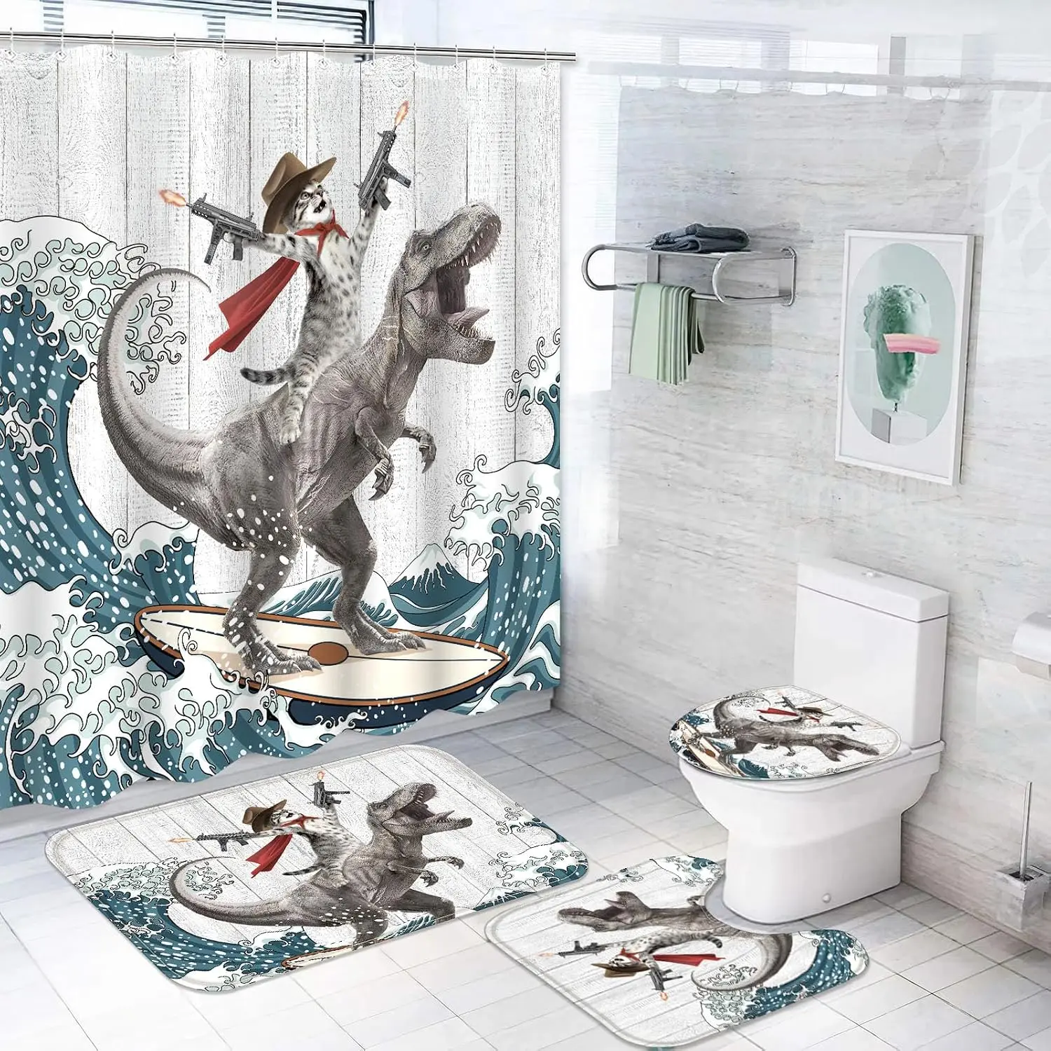 Cat Pattern Design, 4-Piece Bath Set, Modern Bathroom Decor, Includes Carpet (U-Shaped Bath Mat, Toilet Cover) and 12 Durable Hooks, Non-Slip Floor Mat, Waterproof Shower Curtain, Polyester Fiber