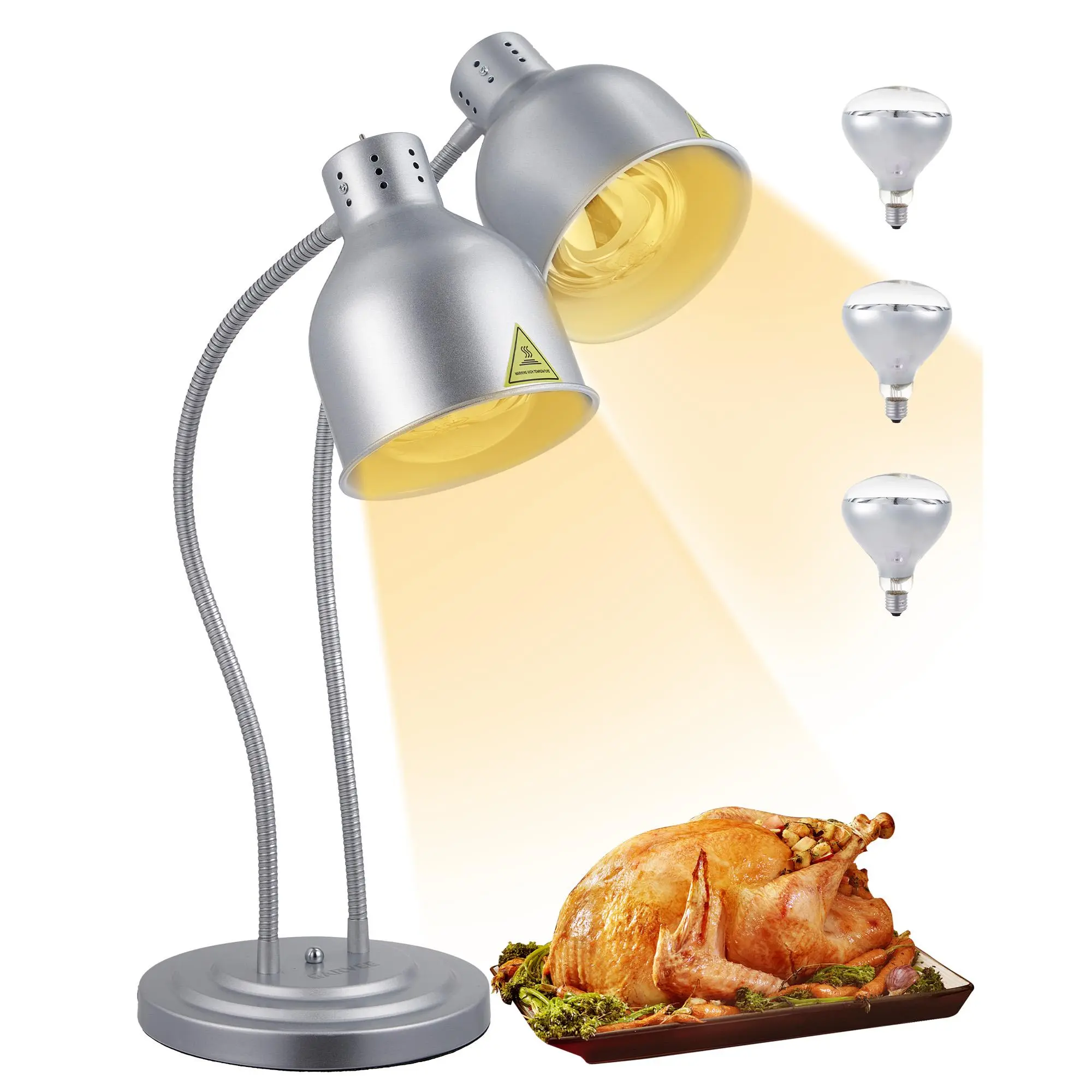 Commercial Dual Bulb Food Heat Warmer Lamp with 360° Flexible Gooseneck Arms, Separate Independent Switches & Extra Replacement Bulbs, Adjustable Buffet Warming Light for Restaurant Catering Party, Silver Bronze Optional