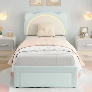 Velvet Upholstered Platform Bed Frame, with Storage Drawers & Adjustable Headboard, Cute Bear Design, Twin, Blue