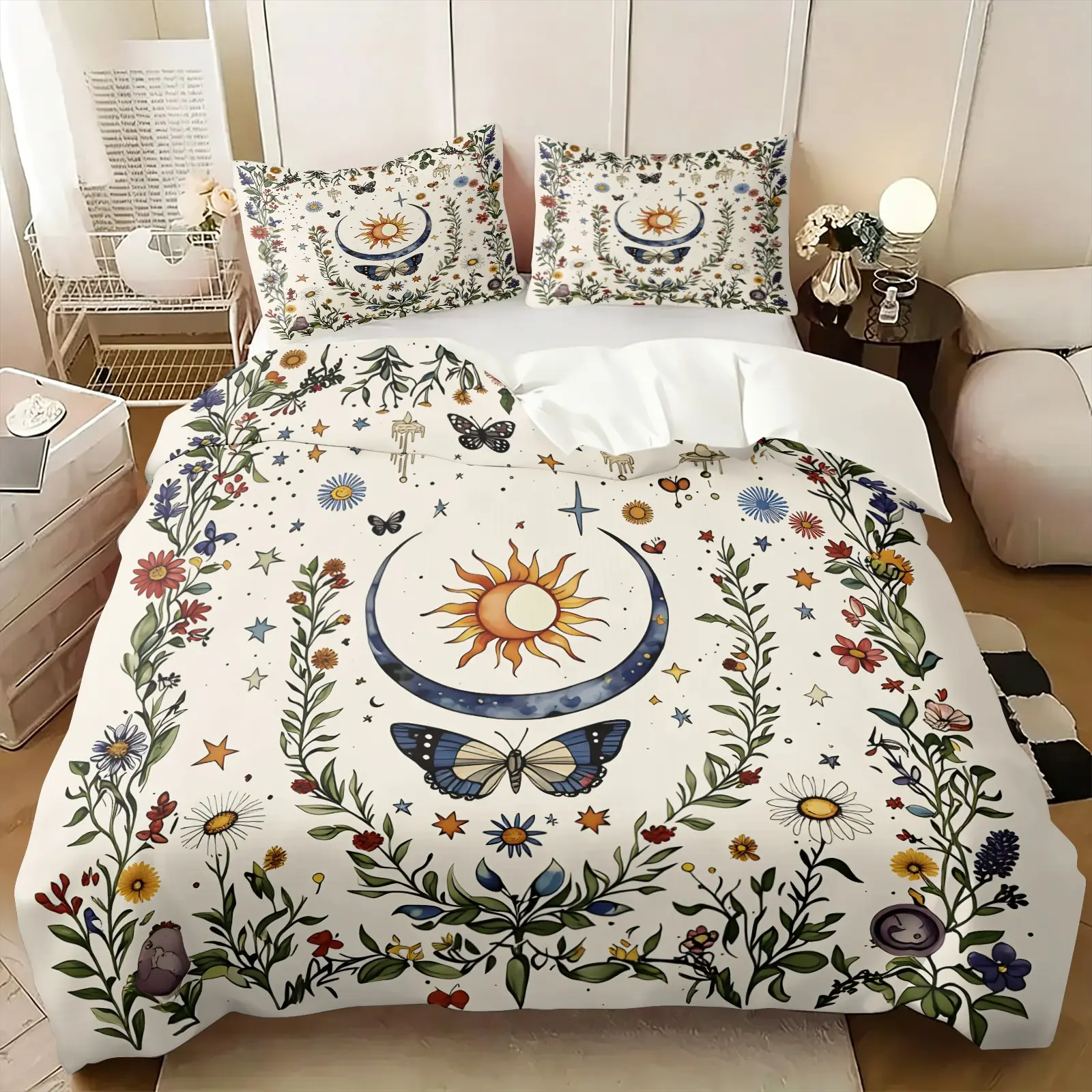 Boho Celestial Sun Moon Wildflower Butterfly Duvet Cover Set, 1 Duvet Cover + 1-2 Pillowcases, Witchy Botanical Floral Print Bedding Set, Soft Microfiber All Season, Mystical Cottagecore Bedroom Decoration, Gift for Nature Lovers
