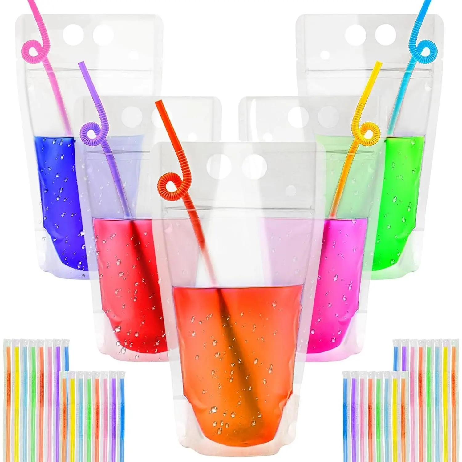44 Pack 17oz Drink Pouches with Straws Individually Wrapped - Clear Plastic Halloween Blood Bags for Adults, Reusable Cocktail Liquor Juice Smoothie Pouches, Party Summer Cooling Must HaveGift