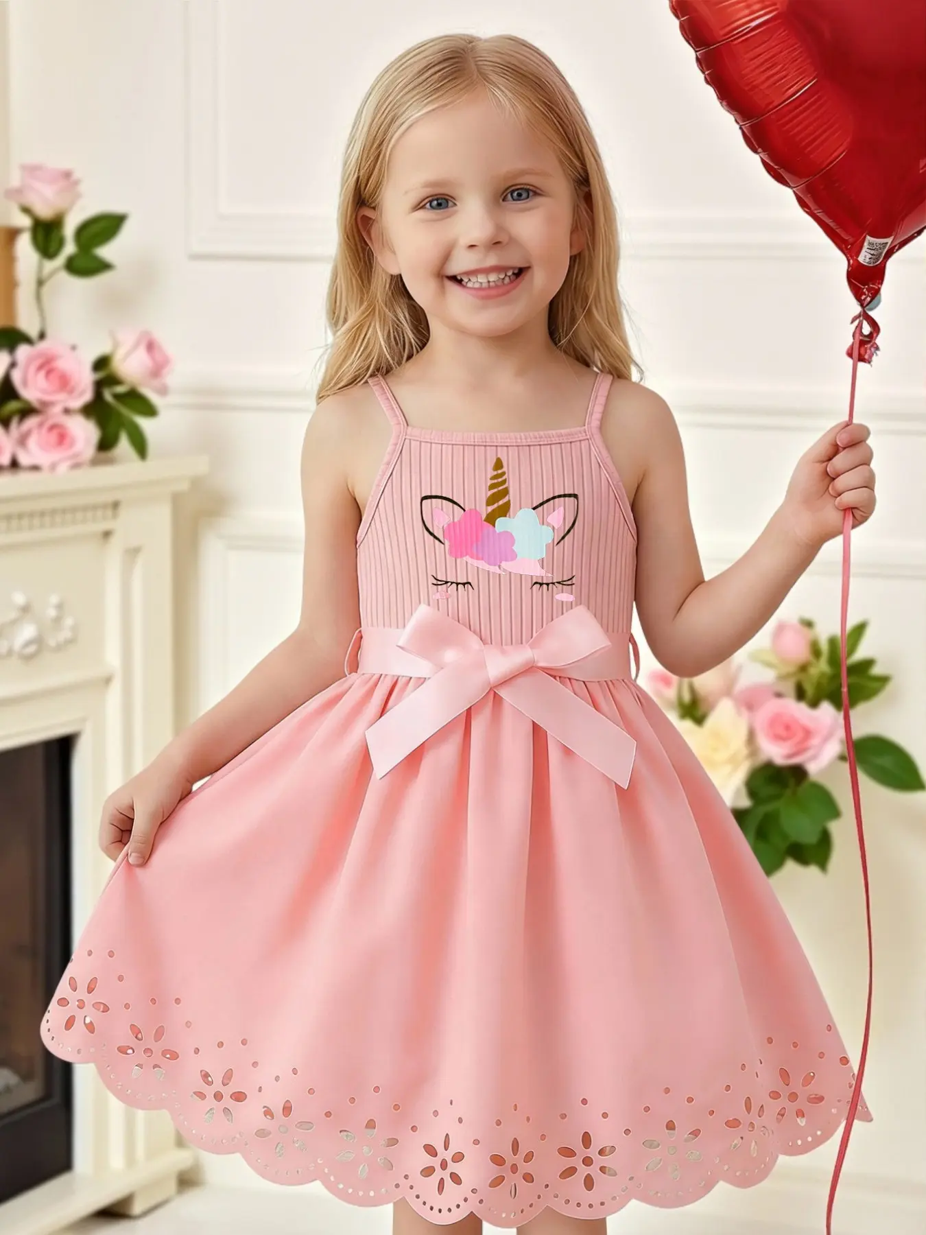 Girls' Unicorn Print Belted Halter Dress, Printing Dress, Loose-Fitting Casual Dress for Ages 3-8, Comfortable Daily Wear, Multiple Colors Available, Printed Dress