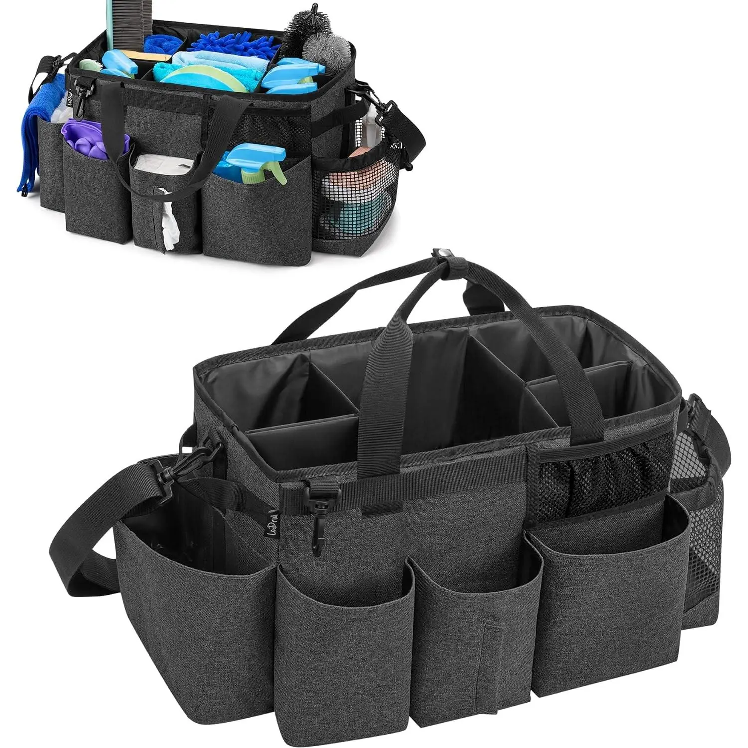 Wearable Cleaning Caddy Bag with 4 Foldable Dividers, Cleaning Supply Organizer with Shoulder Strap and Side Handles for Cleaners & Housekeepers, Black