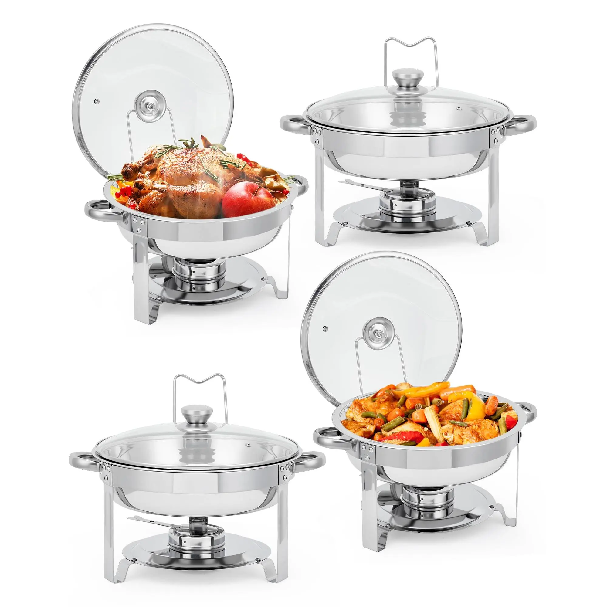 GARVEE 4-Pack 5QT Stainless Steel Round Chafing Dish Buffet Set for Home Parties, Christmas Gatherings, Catering Events - Durable and Elegant Buffet Serving Solution