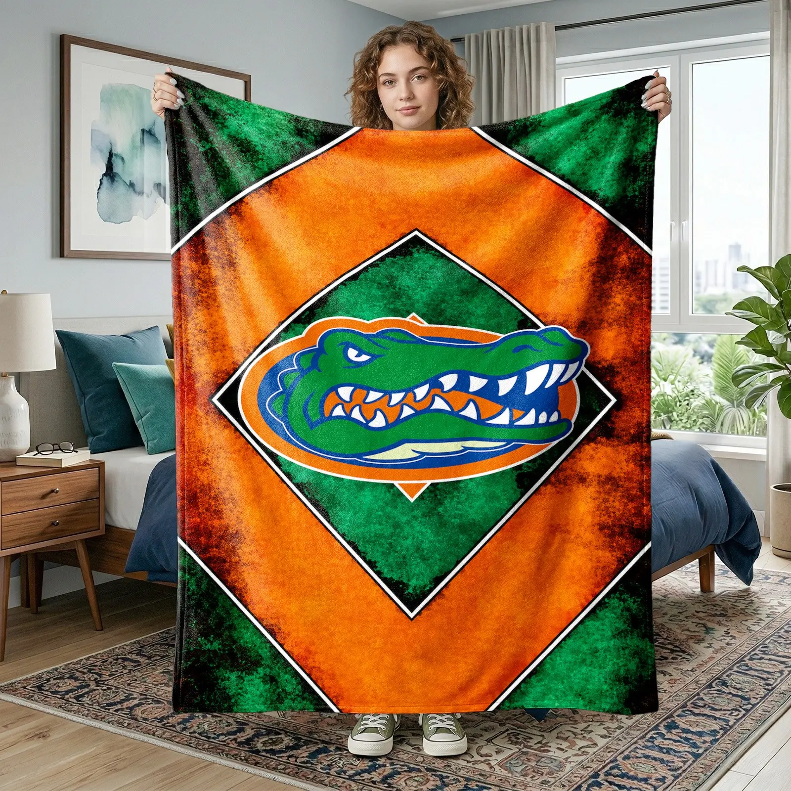 1pc Orange Green Vintage Florida Gators Team Logo Sports Fleece Blanket, Full Print Green Alligator Head, Oval Team Emblem, Double Diamond Border, Distressed Texture Background, Black White Outline Lines, Warm Fun Style. Soft Warm Cozy Nap Blanket, Suitab