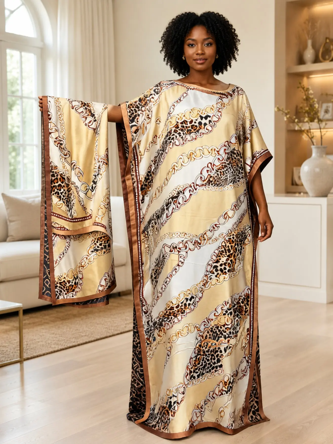 Plus Size Women 2 Piece Satin Caftan Maxi Dress Set, Light Yellow Chain Leopard Print Wide Sleeve Loungewear Sleep Robe with Matching Head Scarf, Perfect Gift for Family Friends, Curvy Outfit for Home Hotel Beach Vacation