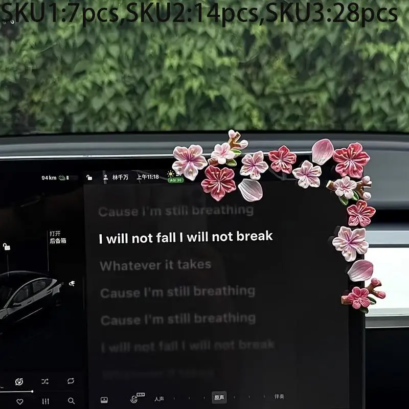 7/14/28pcs 3D Peach Blossom Car Stickers, Car Decals, Car Ornament, Car Interior Decorative, Interior Decor, Dashboard Screen Decoration, Car Dashboard Decorations, Cute Electric Vehicle Accessories, Girly Car Accessories
