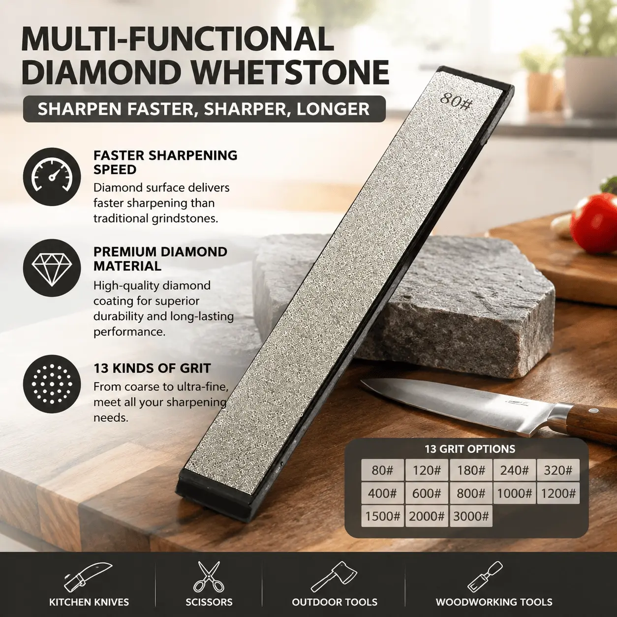 Diamond Knife Sharpener Stone Multi-Grit 80 to 3000 Professional Precision Sharpening Tool for Kitchen Knives Scissors Axes Portable Home Commercial Kitchenware Sharpener with Non-Slip Handle Replaceable Stones