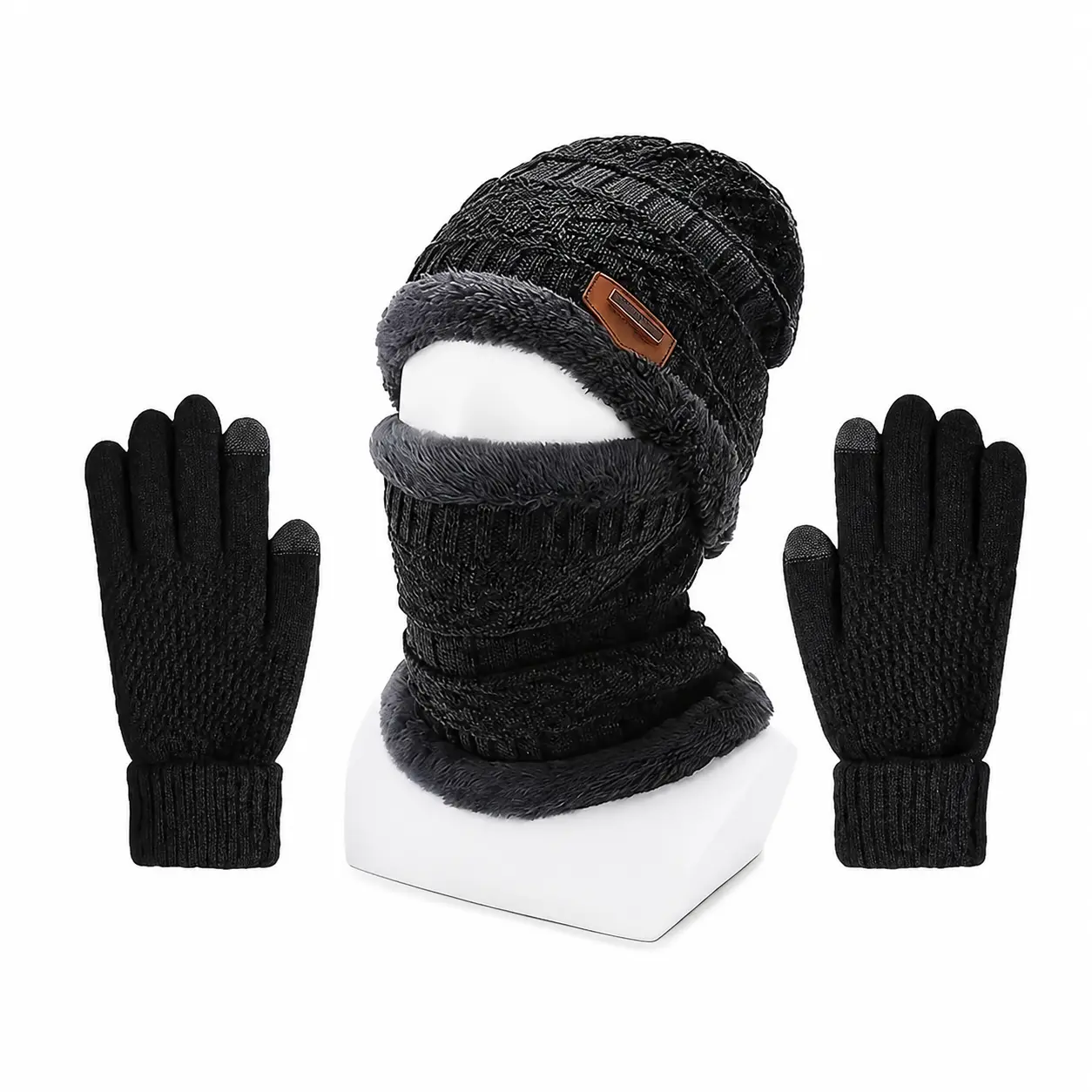 Unisex Knitted Thermal Hat and Gloves Set - Soft Fleece-Lined Cold Weather Casual Everyday Accessories with Elastic Cuffs, Snug Fit, Durable Construction for Skiing, Hiking
