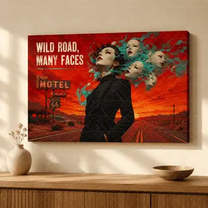 Wild Road Many Faces Surreal Route 66 Canvas Wall Art, Retro Sunset Desert Poster, Edgy Surrealist Print, Aesthetic Living Room Decor, Teen Bedroom Wall Art, Unique Gift,wall decor,poster.