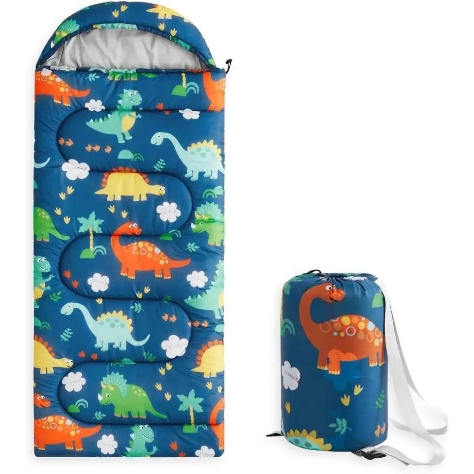Kids Sleeping Bag for Boys Toddlers, Camping in Warm Cold Weather, Backpacking Lightweight Compact Outdoor Liner for 3 Seasons, Cartoon Jurassic Dinosaur