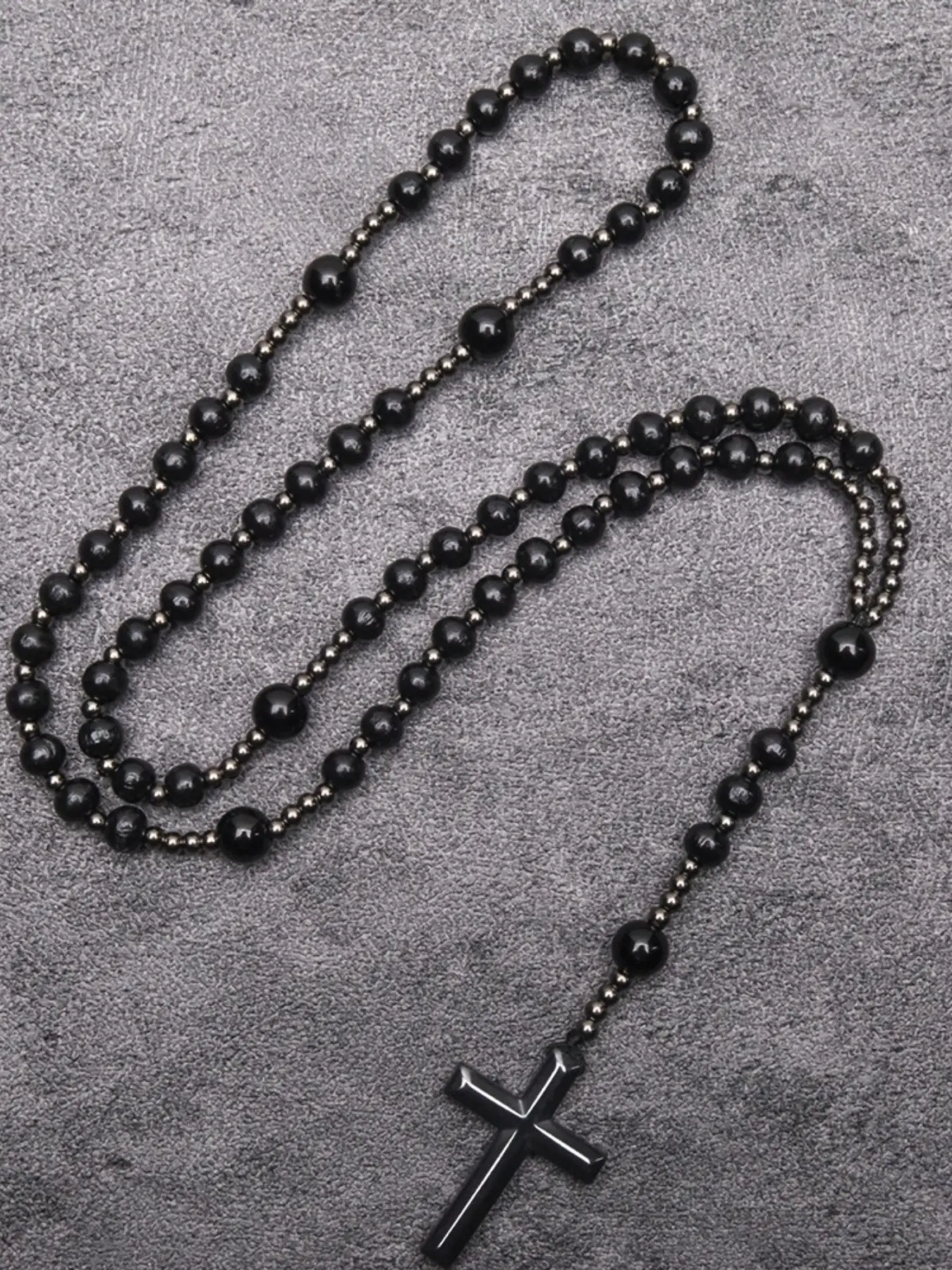 Wood Bead Stone Cross Pendant Necklace, Unisex Religious Wish Chain, Long Mala Necklace, Unique Fashion Gift for Back-To-School Birthday