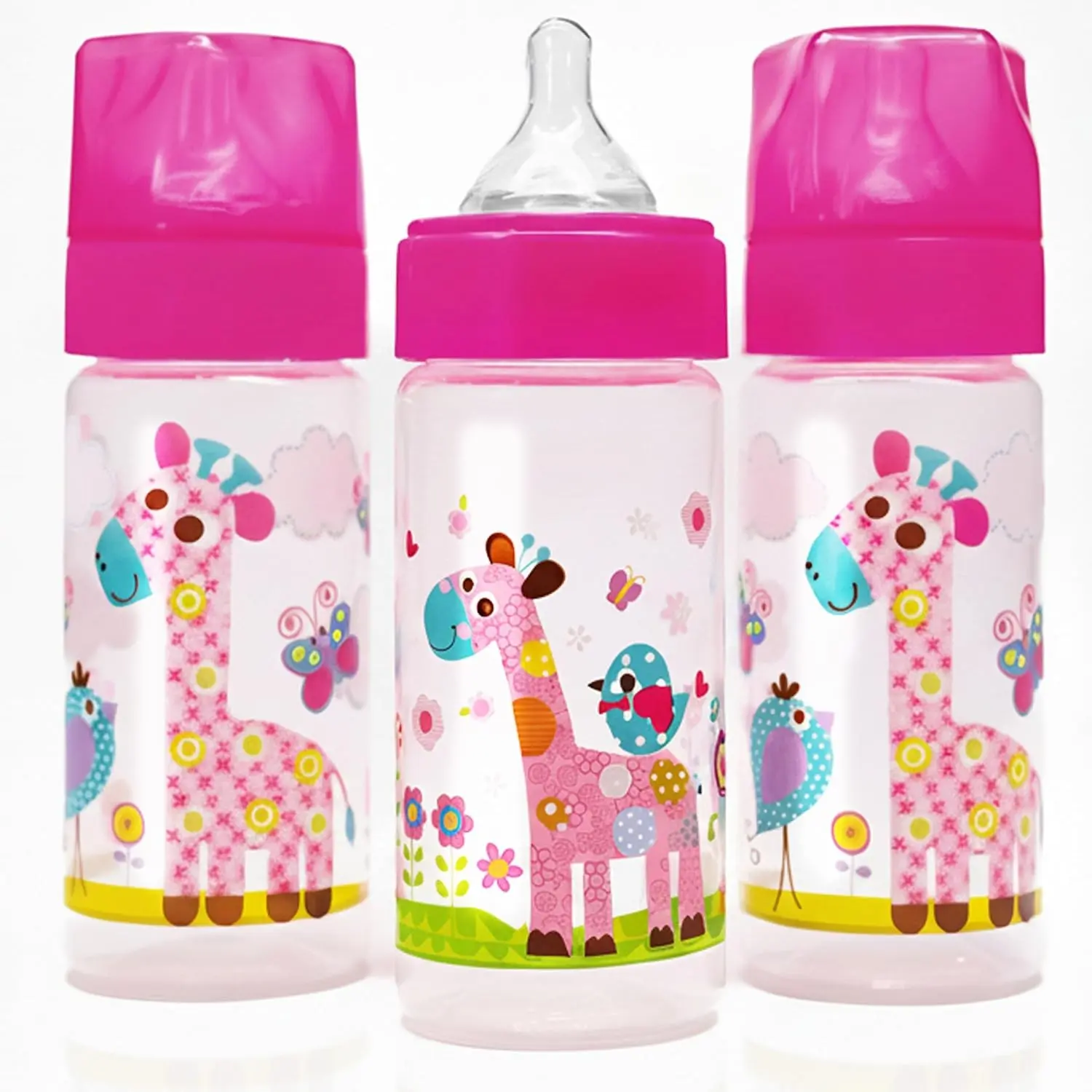 9 oz Anti-Colic Baby Bottles with Medium Flow Nipples, 4-7M (Set of 3) | Wide Neck Stage 2 Silicone Nipples, Pink Giraffes Design(Gift)