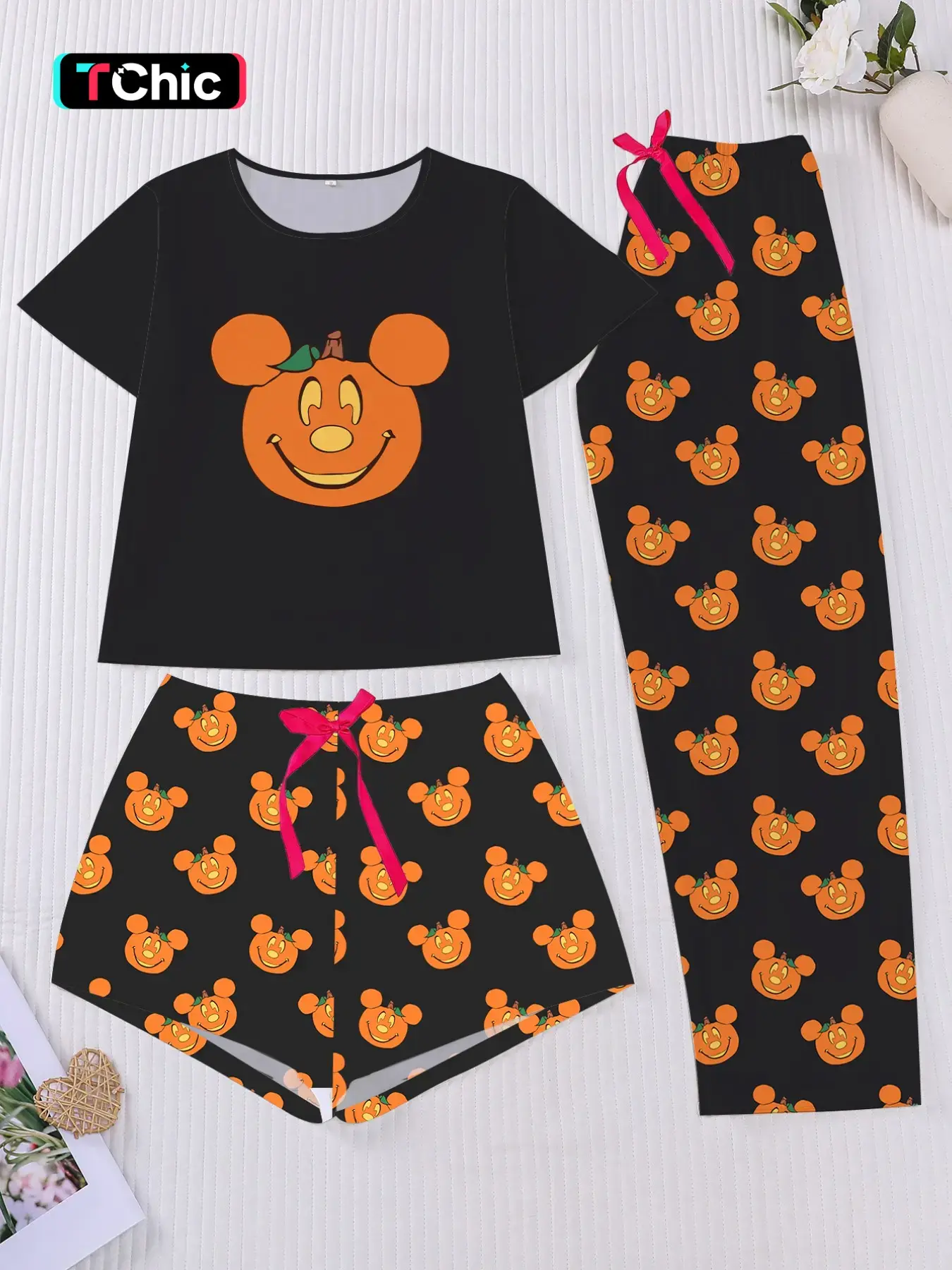 Halloween Pajama Set 3-Piece Cartoon Pumpkin Print, Soft Short Sleeve Top, Elastic Shorts and Pants, Elegant All-Season Sleepwear