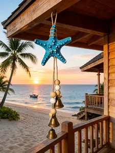 Mediterranean Wooden Starfish Shell Wind Chime, Deep Blue Bell Hanging Ornament, Balcony Entryway Home Decor, Cute Bag Pendant