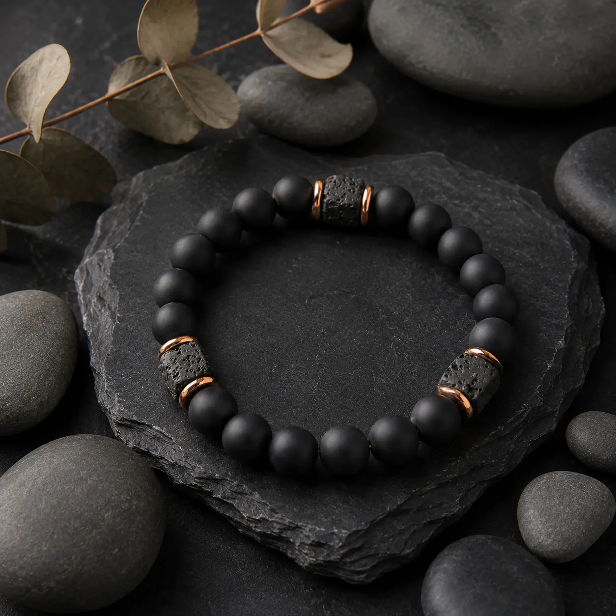 Men's Modern Beaded Bracelet with Black Agate and a Textured Volcanic Stone Cube, Versatile and Refined Jewelry for Everyday Wear, Modern Fashion, Beads, Daily, Daily Wear, Bold Modern Look