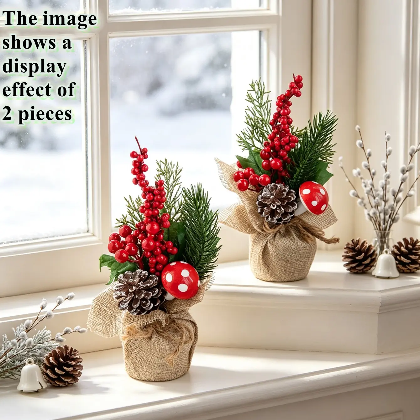 2pcs artificial flower Little Mushroom Christmas Tree, UV resistant and realistic touch, suitable for home decoration, wedding, garden, indoor and outdoor, DIY handmade in autumn and winter, anniversary, birthday, Christmas and other holiday decorations