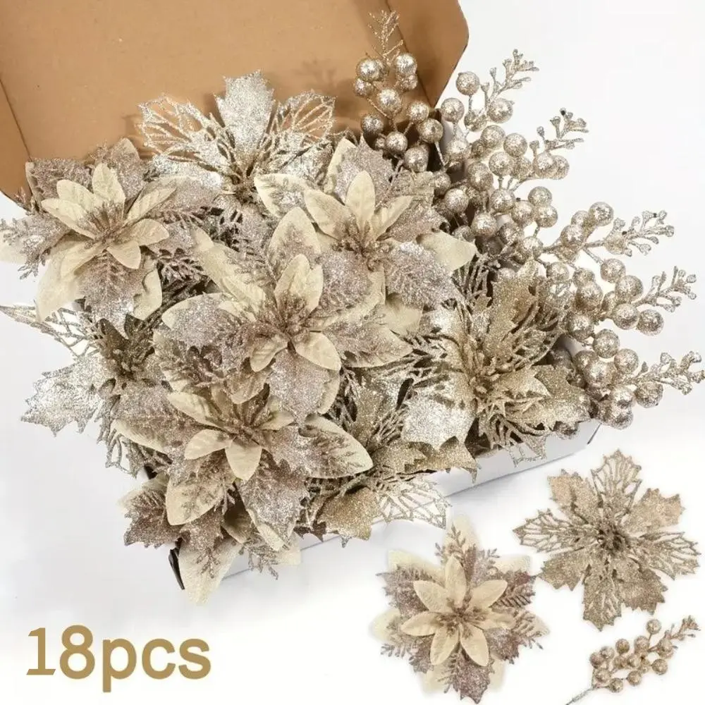 18-Piece Champagne Christmas Centerpiece Artificial Flowers and Glittering Berries, Gold and Holiday Decor, Plastic, No Container Included