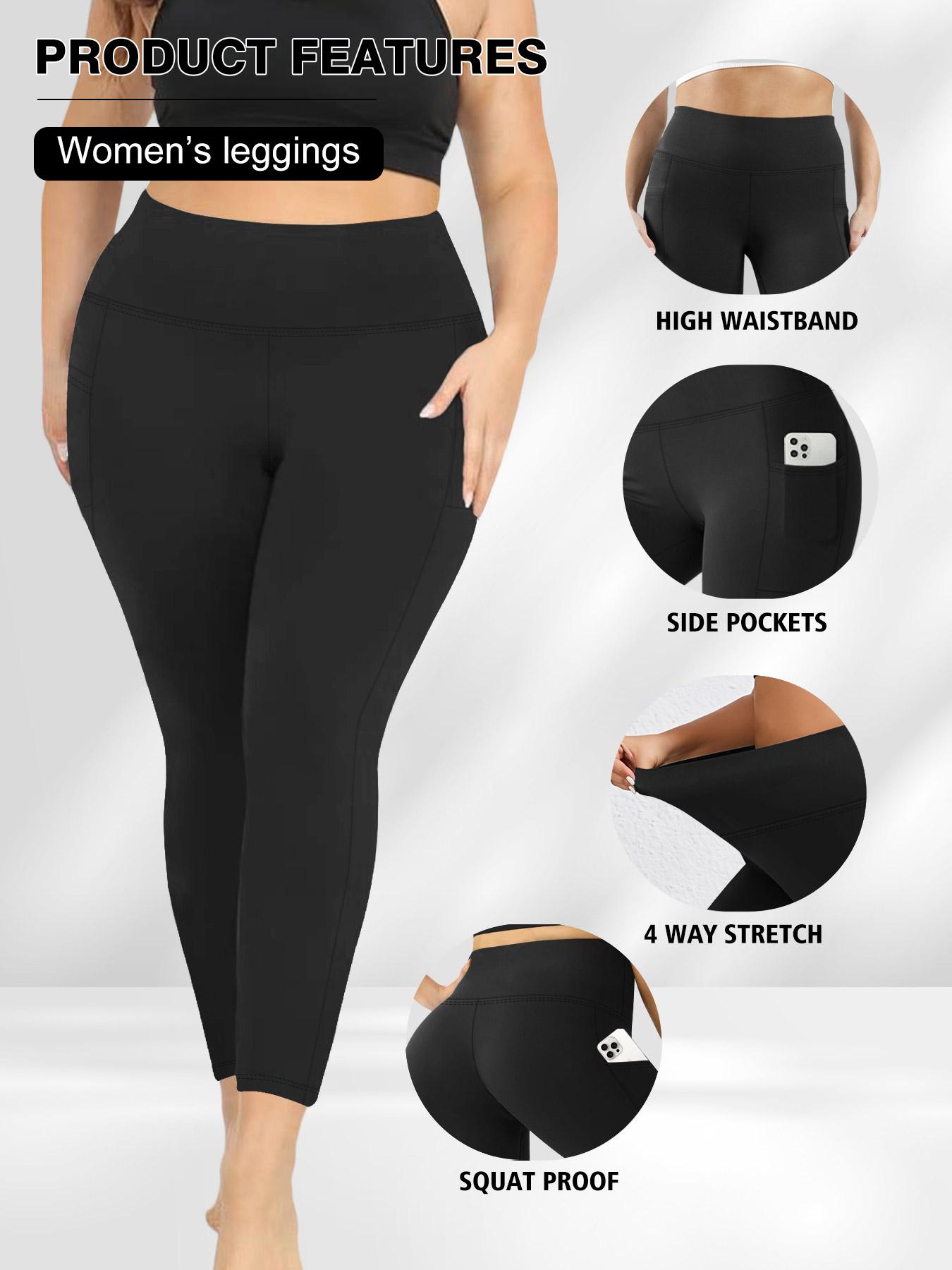 Plus Size Solid High Waist Sports Comfy Gym Workout Leggings with Pocket, Summer Outfits, Casual High Stretch Skinny Pants for Women, Soft Comfortable Women's Bottoms for All Seasons, Stretchy Workout Leggings