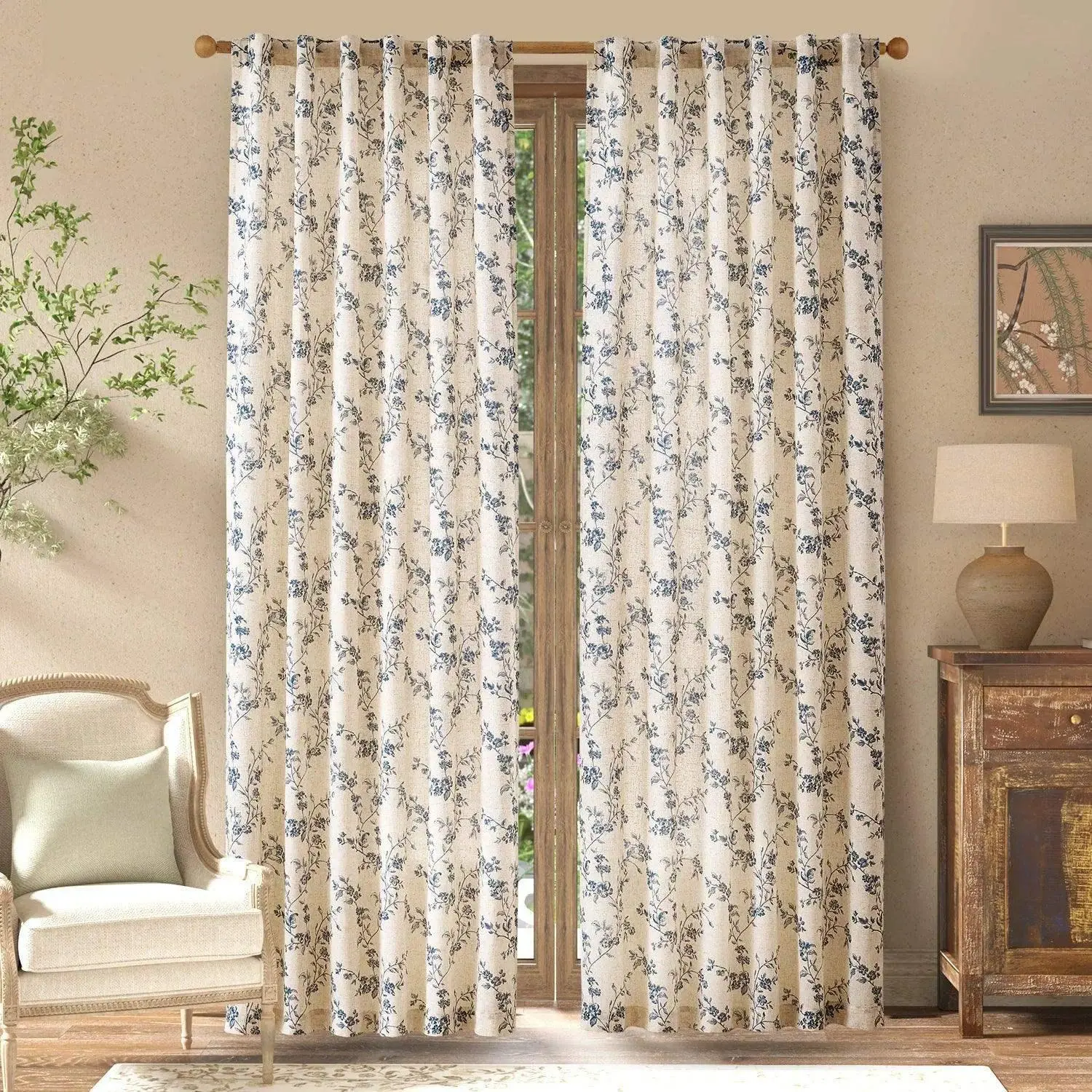 Vine Blossom Linen Blend Curtains, Floral Home Decorative Curtains, Ready-Made Window Drapes, Ready Made Curtains