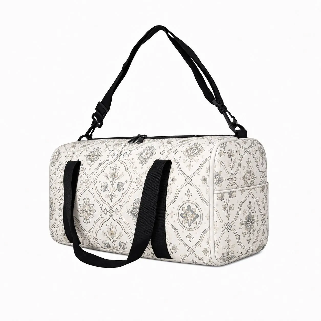 Beige Vintage Floral Print Duffel Bag for Men - Polyester Fibre, Dual Handles, Adjustable Shoulder Strap, Top Zip Fastener Closure, Rounded Body, Side Pocket, Travel Carry-On for Overnight Trips, Campus Use