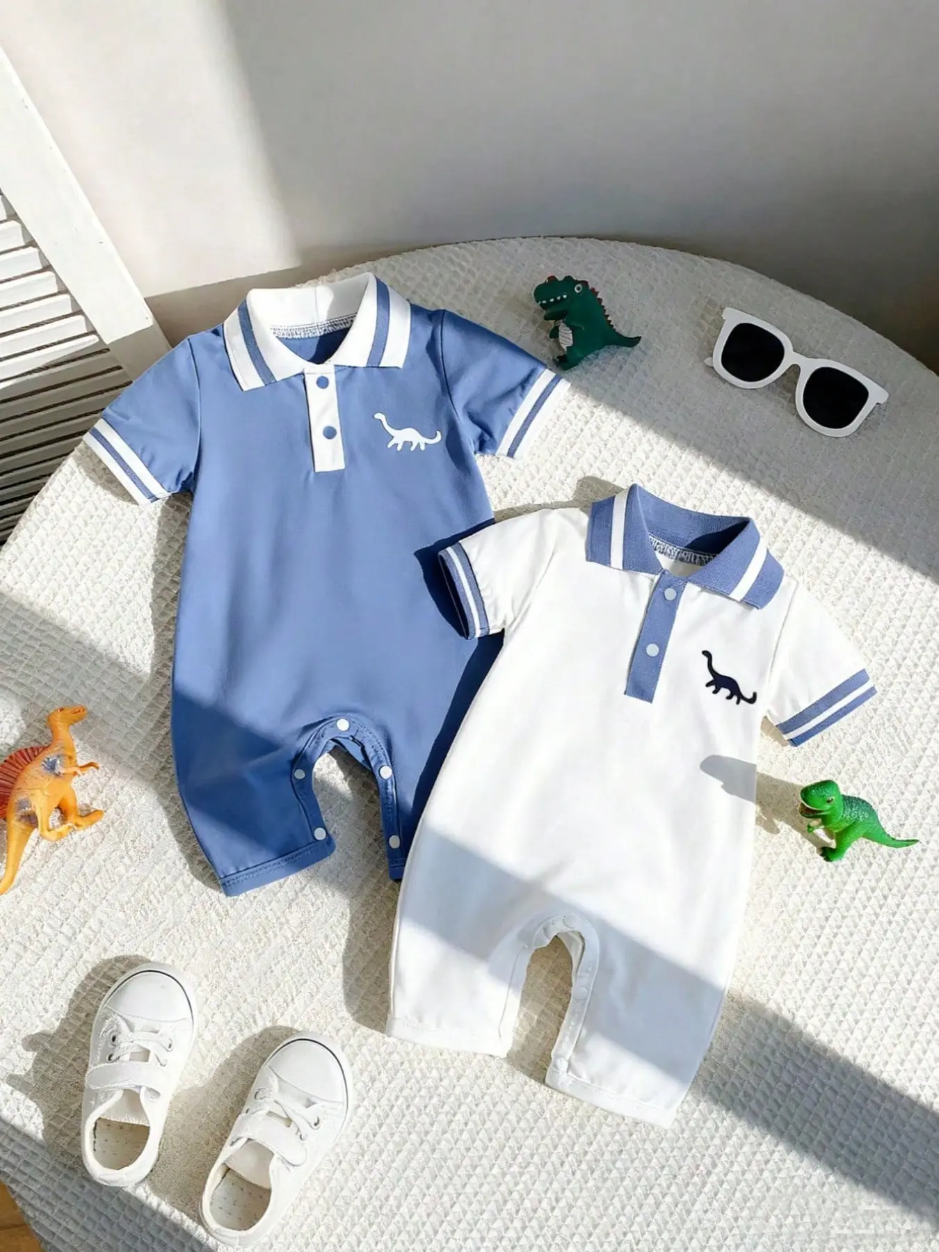 Summer New Baby Boys Polo Neck Dinosaur Print Short Sleeve Multi-Color Romper Set, Two-Piece for Infants, Comfortable and Stylish, Baby Boy Clothes