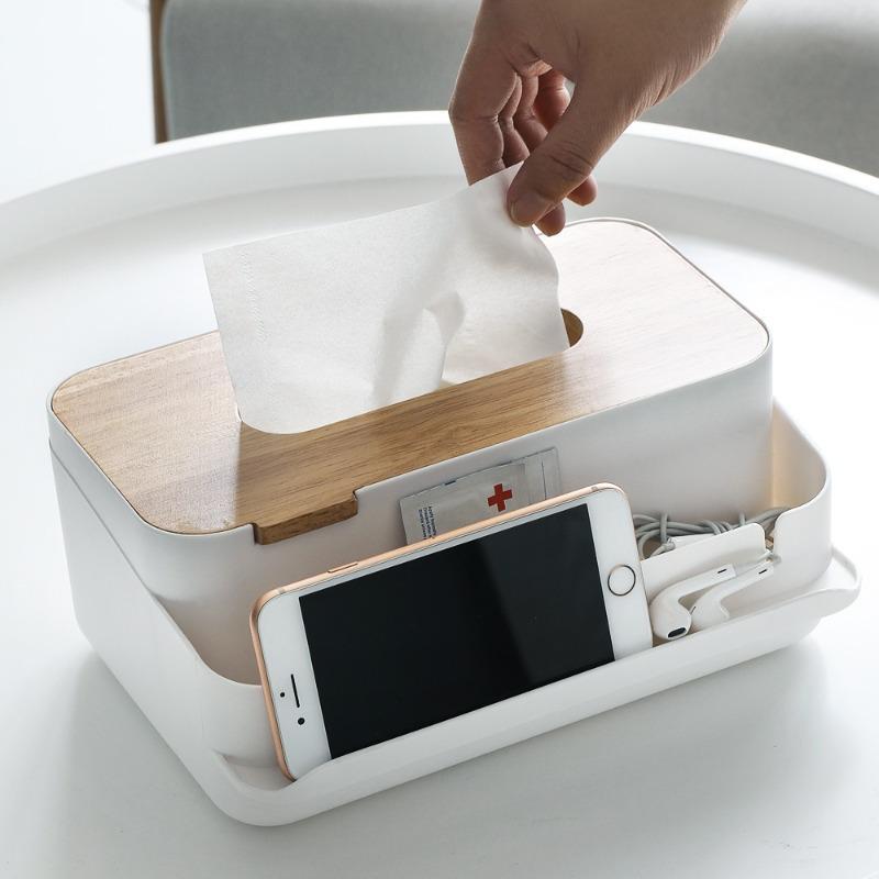 1pc Multifunctional Wooden Tissue Box with Lid - 3-Compartment Organizer for Tissue Paper, Napkins, and Small Items, Durable Plastic Construction, Ideal For Living Room And Bedroom Storage, Tissue Box For Bathroom, Bedroom Organization