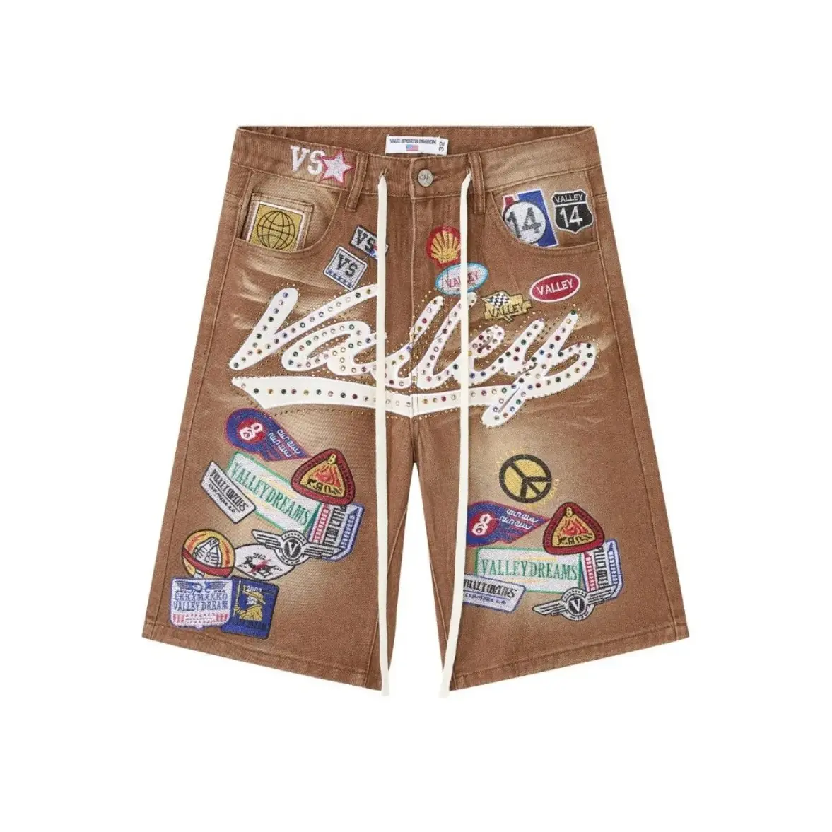 New Valley Dreams Rhinestone Embroidered Washed Denim Shorts for Men, Y2K Hip Hop Baggy Jort Shorts, Heavy Distressed Knee Length Streetwear Jean Shorts, Oversized High Street Casual Fit, Summer Festival Music Festival Urban Bottoms, Vintage Streetwear Ca