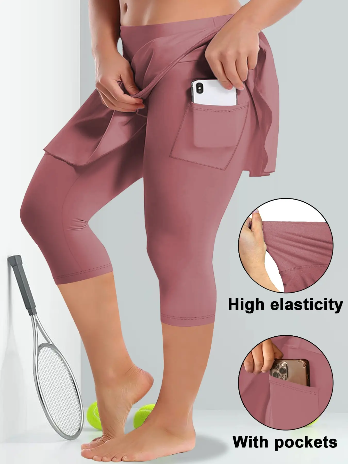 Plus Size High Waist Skirt Pants, Comfortable Side Pocket Elastic Seven-Eighths Casual Comfy Sporty Skirt Pants, Athleisure Style Bottoms, Perfect for Casual Wear and Daily Activities