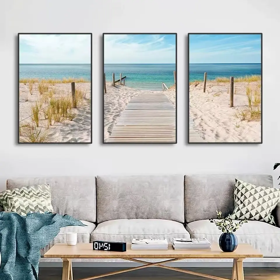 3pcs Modern Sea View Canvas Oil Painting Frameless Poster Facing The Sea Printmaking Wall Art Living Room Home Decoration Beach Painting