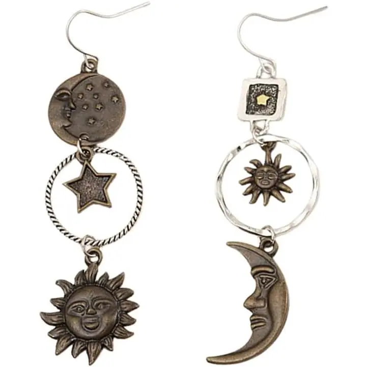 Retro Sun Moon Earrings & Necklace Moonstone Asymmetric Boho style Earrings for Women