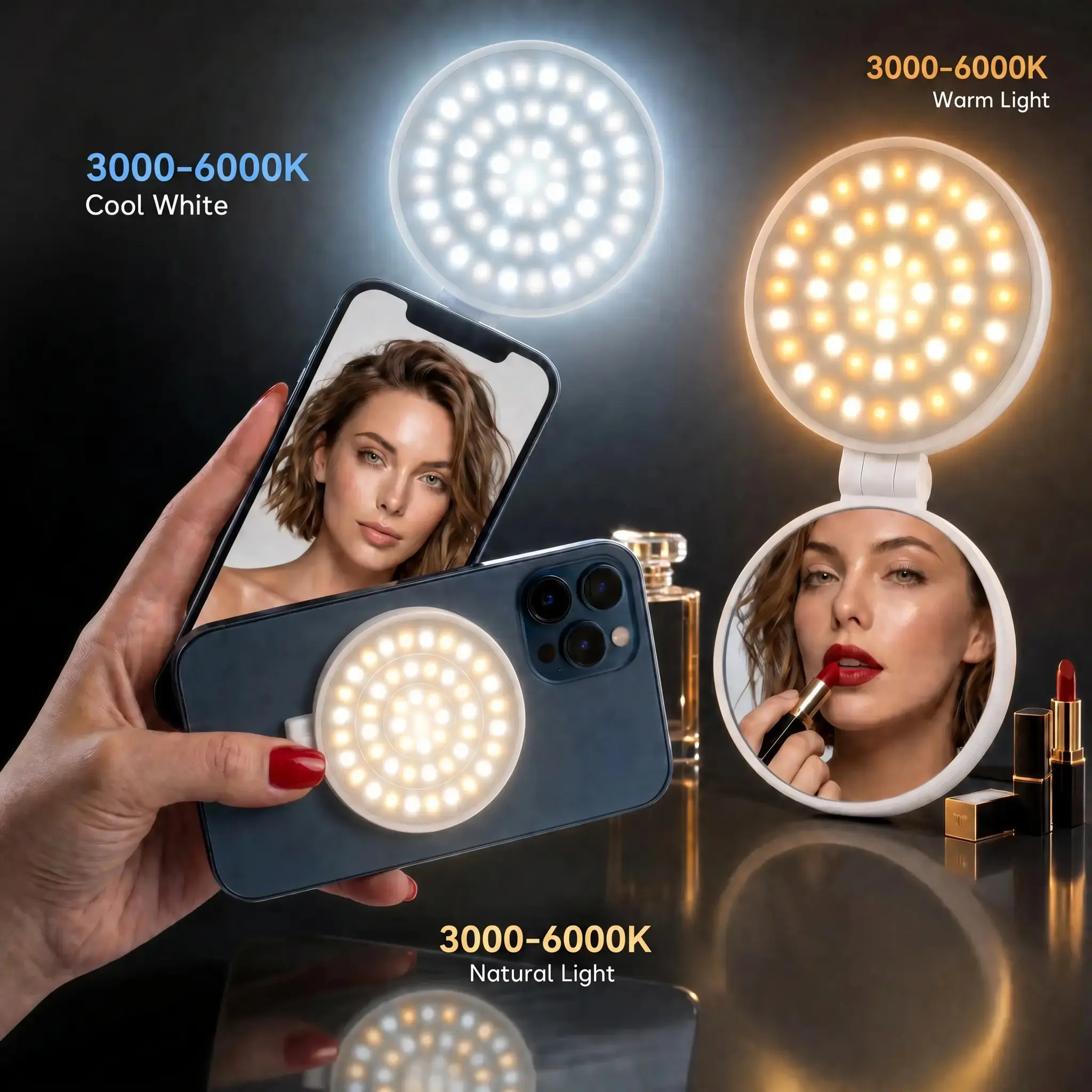 Magnetic Selfie Light Compatible with Magsafe iPhone & Android, 360° LED Ring Light, Portable Charger with Mirror & Phone Stand, 3 Modes, Adjustable Brightness