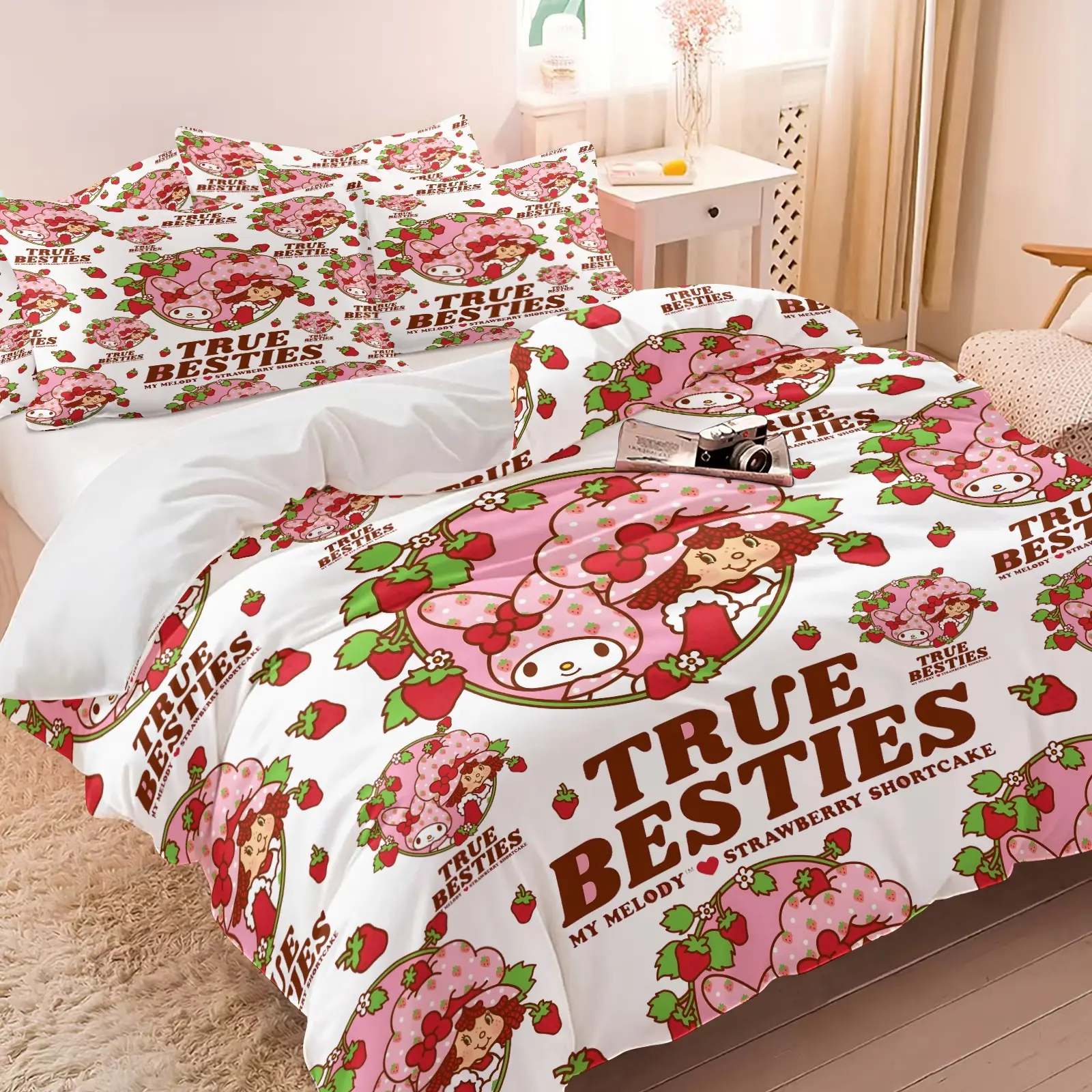 3PCS White Base My Melody Strawberry Shortcake Duvet Cover Set (1 Duvet Cover + 2 Pillowcases),Soft Breathable Fabric,HD Digital Printing,Kawaii Cartoon All Season Bedding,Sweet Girly Bedroom Summer Vibes