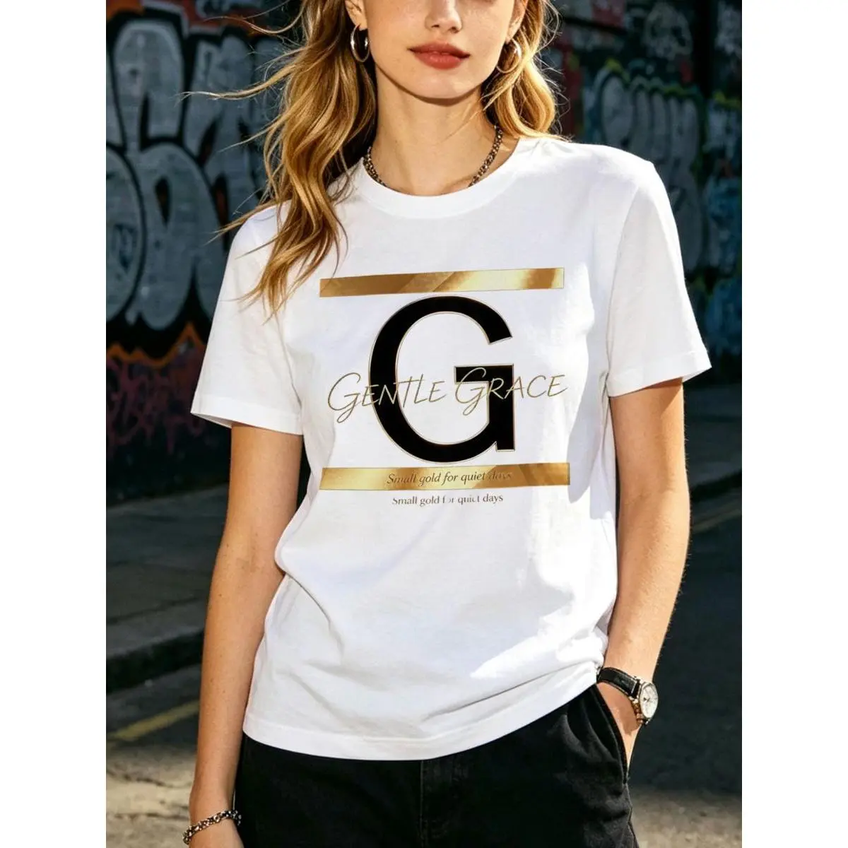 Letter G Shirt for Women, Gold Monogram Graphic Tee, Minimalist Aesthetic T Shirt, Unisex Casual Outfit