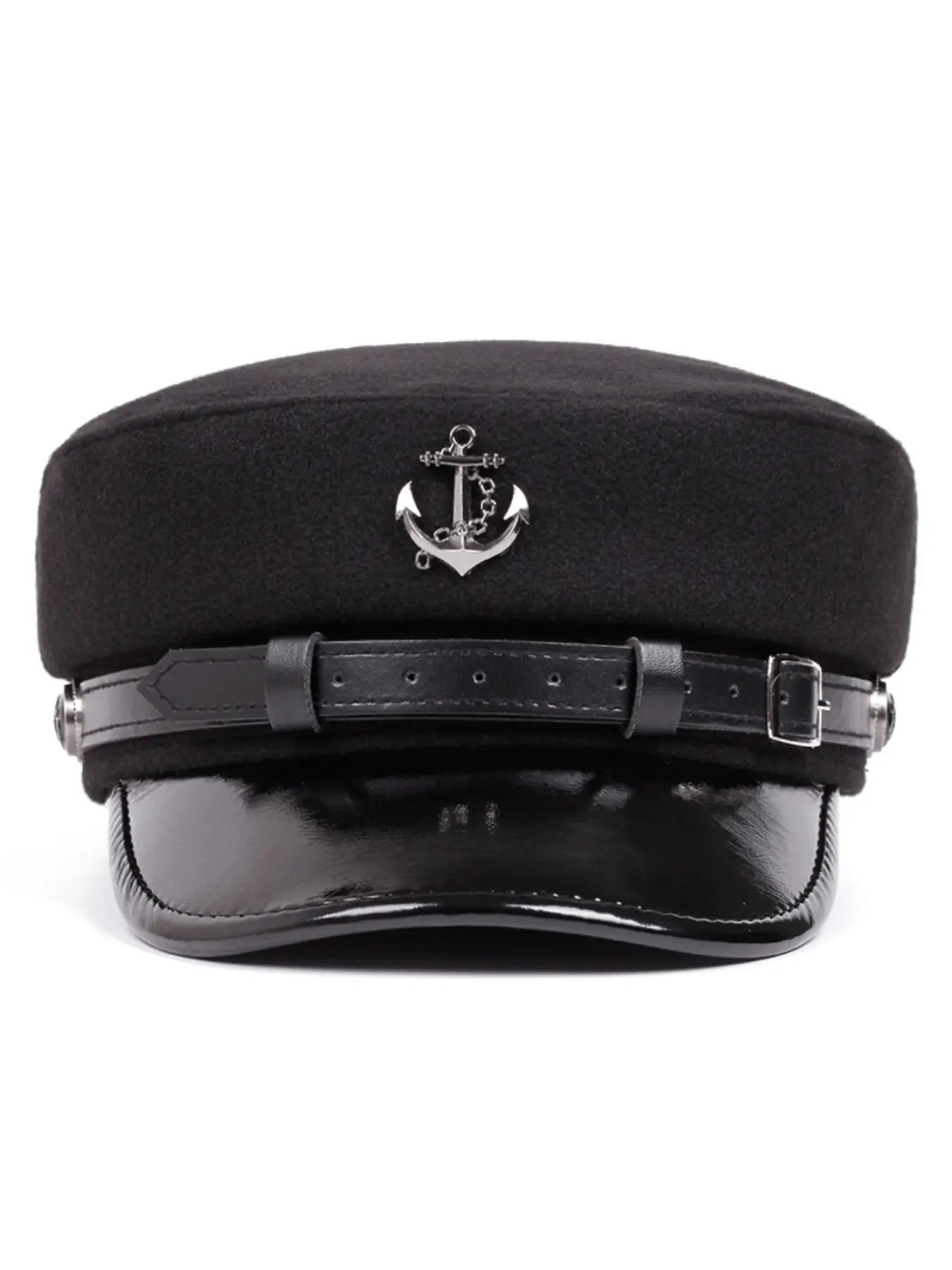Retro Navy Sailor Hat For Women Silver Anchor Emblem Military Cap Black Fiddler Hat Patent Leather Brim Leather Buckle Strap Autumn Winter Fashion Beret Cap