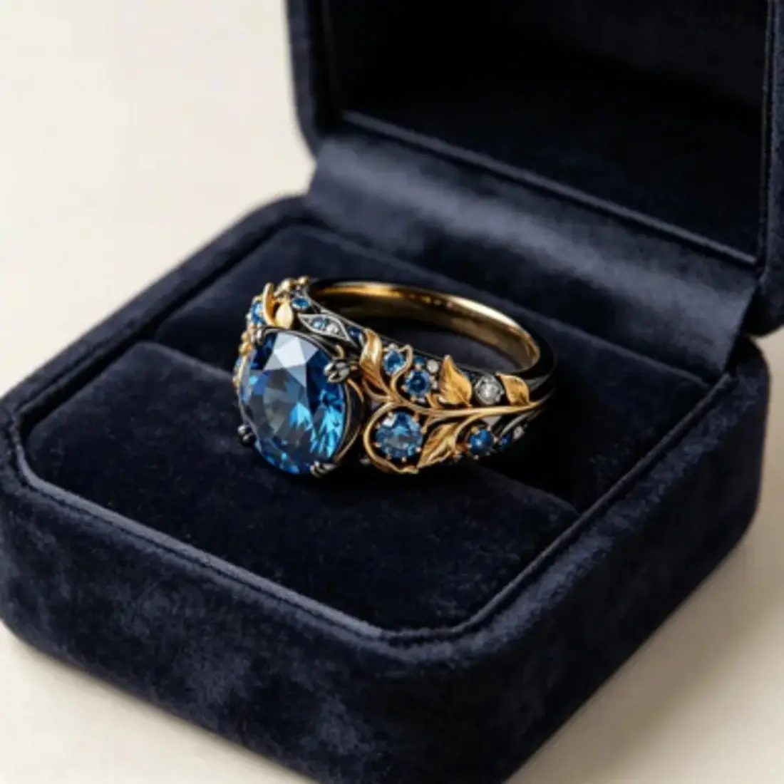 Two-Tone Sapphire Ring for Women, Vintage-Inspired Stackable Band Ring, Retro Blue Stone Finger Jewelry, Chic Statement Accent for Cocktail Dates, Daily Wear & Special Occasions
