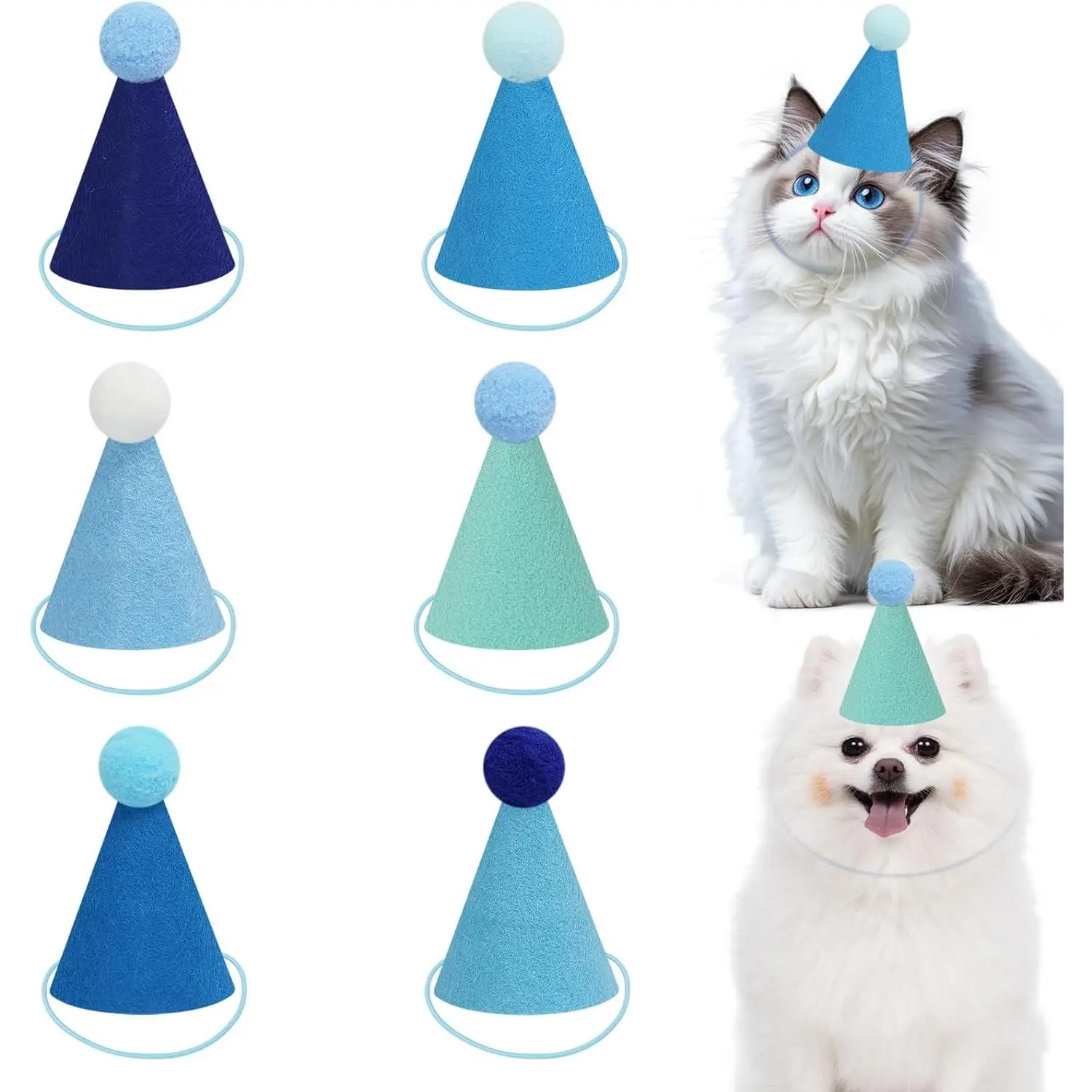 12pcs Colorful Blue Felt Mini Cone Hats, 4.1-Inch Party Accessories for Small Pets and Dolls, Ready to Use with Adjustable String for Birthdays, Stuffed Animals, Felt Fabric, Party Hats, Birthday Party