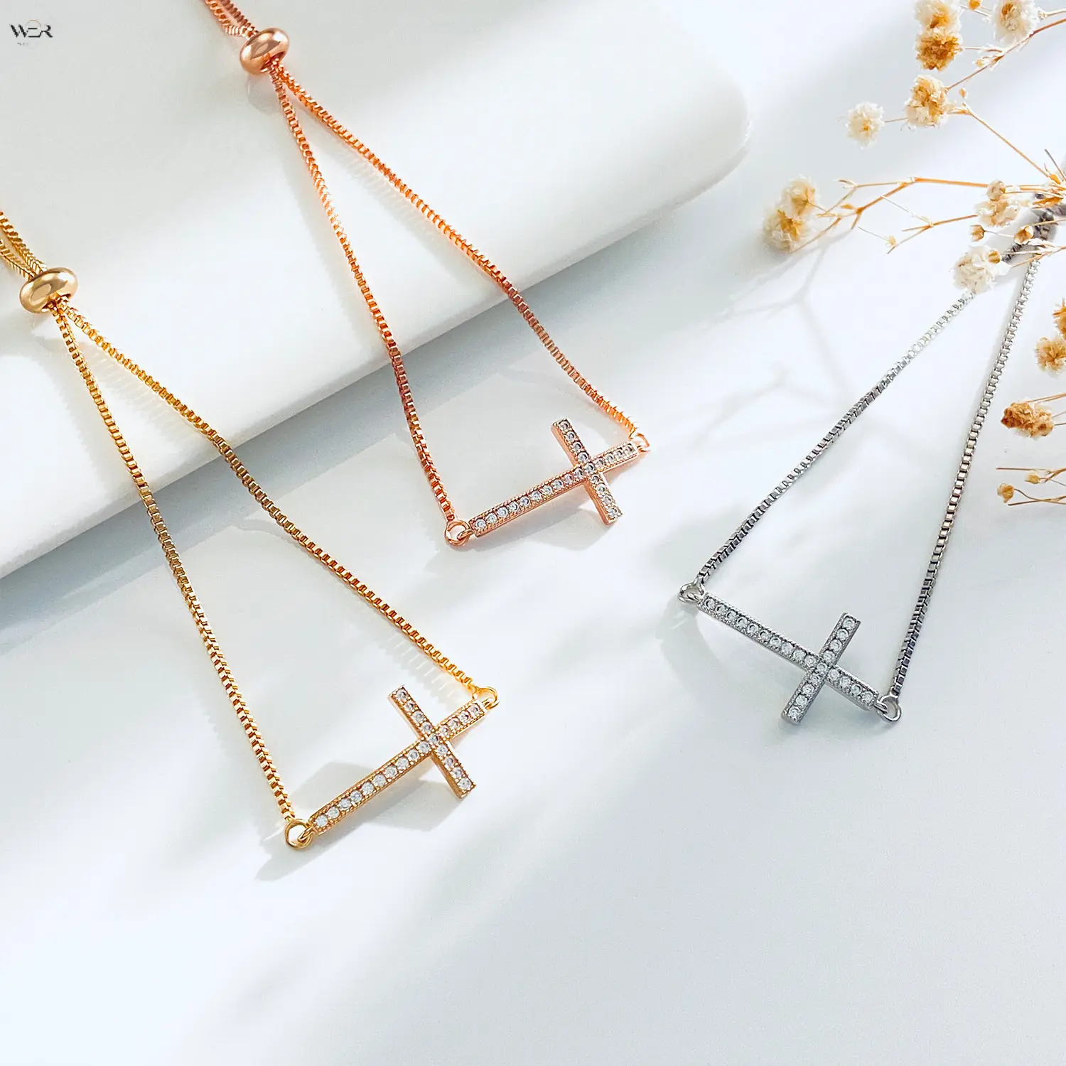 26cm Adjustable Slider Cross Bracelet 3 Finishes Silver Gold Rose Gold, Copper Micro Pave Cross Pull Bangle 4.8g, Minimal Religious Daily Wrist Jewelry With Separate Packaging