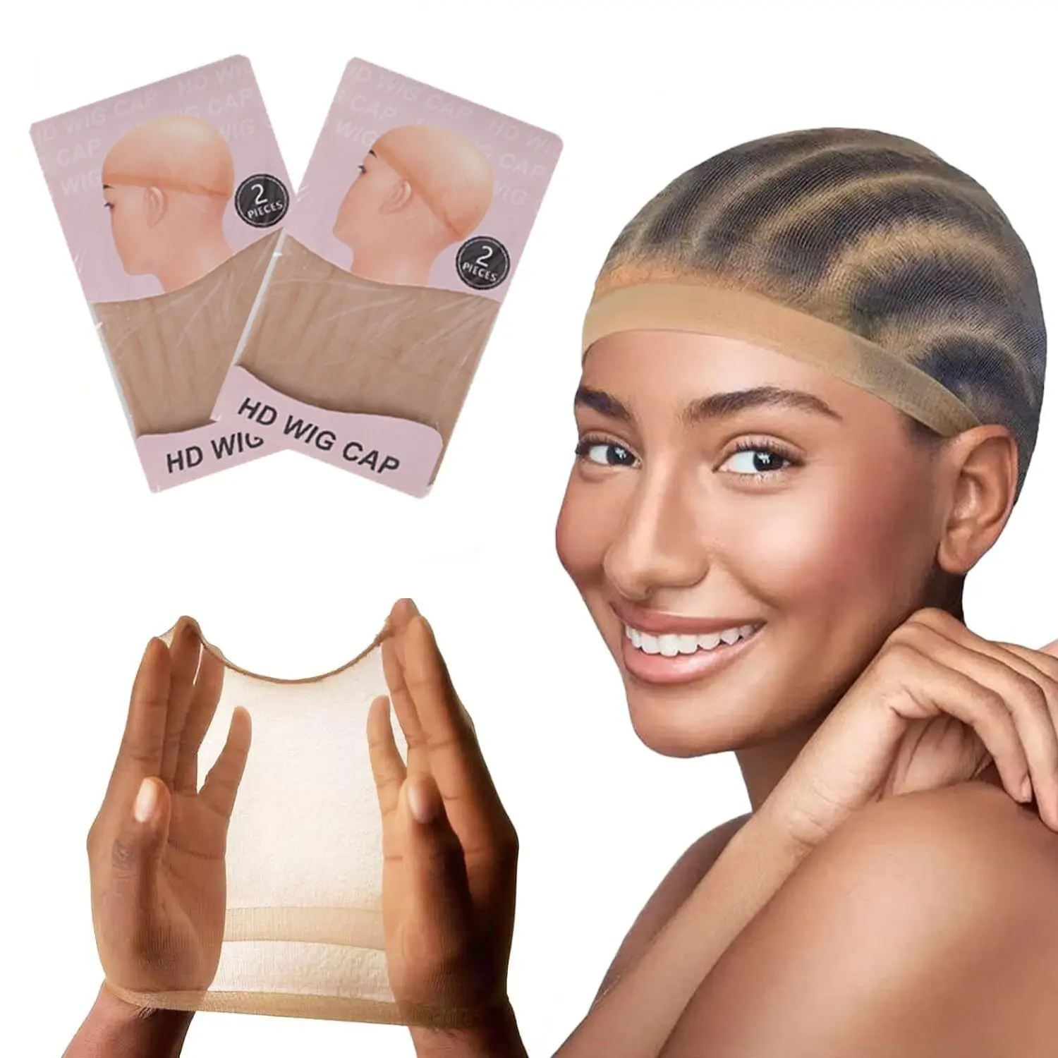 2pcs HD Ultra-Thin Invisible Wig Caps, Transparent Nylon Stocking Cap, Super Soft Skin Tone, Elastic Breathable Mesh, Natural Hair Effect, Anti-Slip Fit